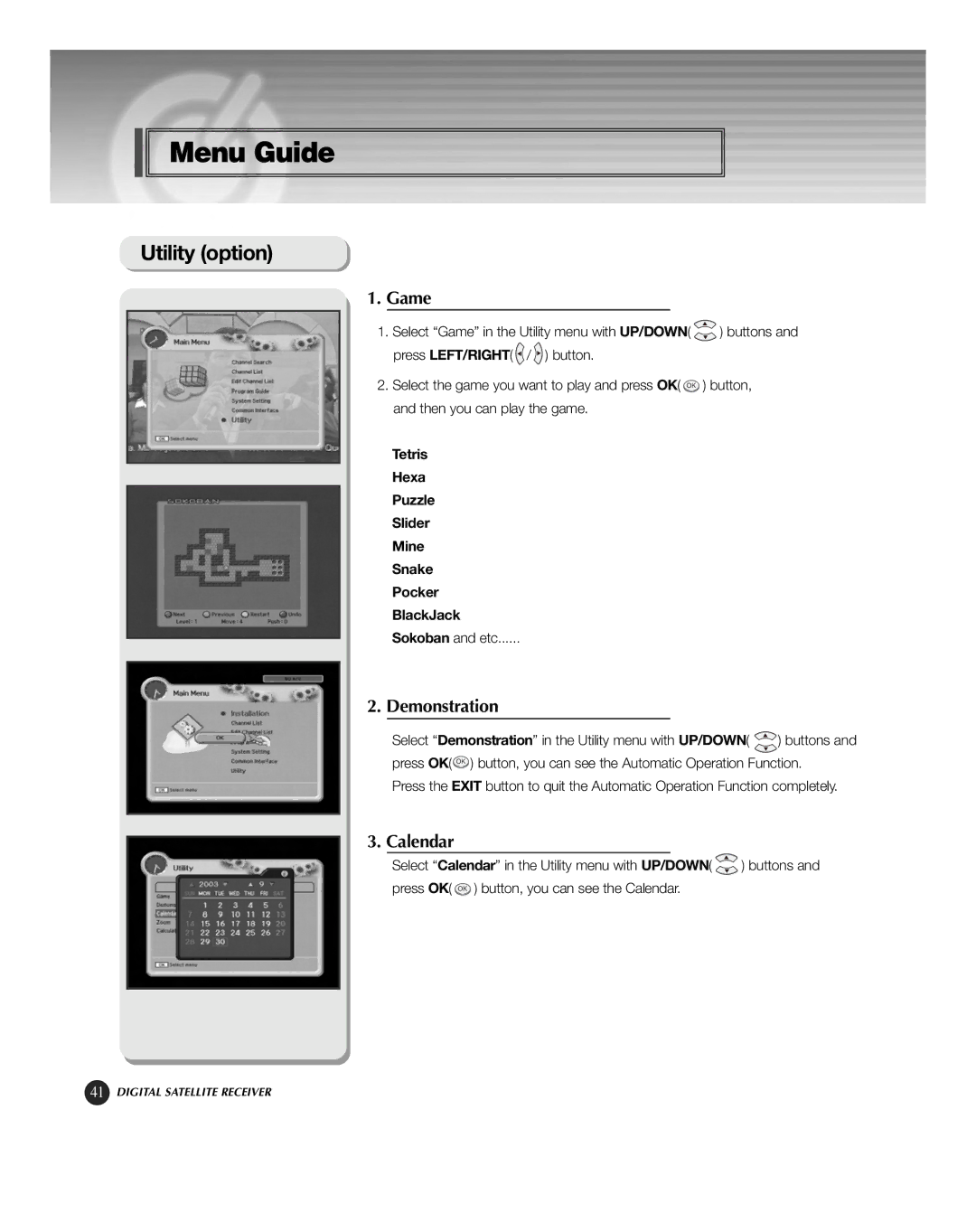 HP KSC-570 manual Utility option, Game, Demonstration, Calendar 