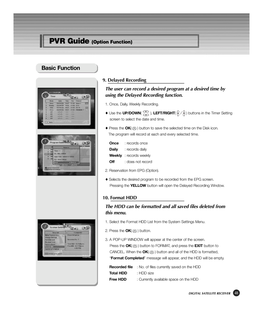 HP KSC-570 manual Delayed Recording, Format HDD, Total HDD HDD size Free HDD 