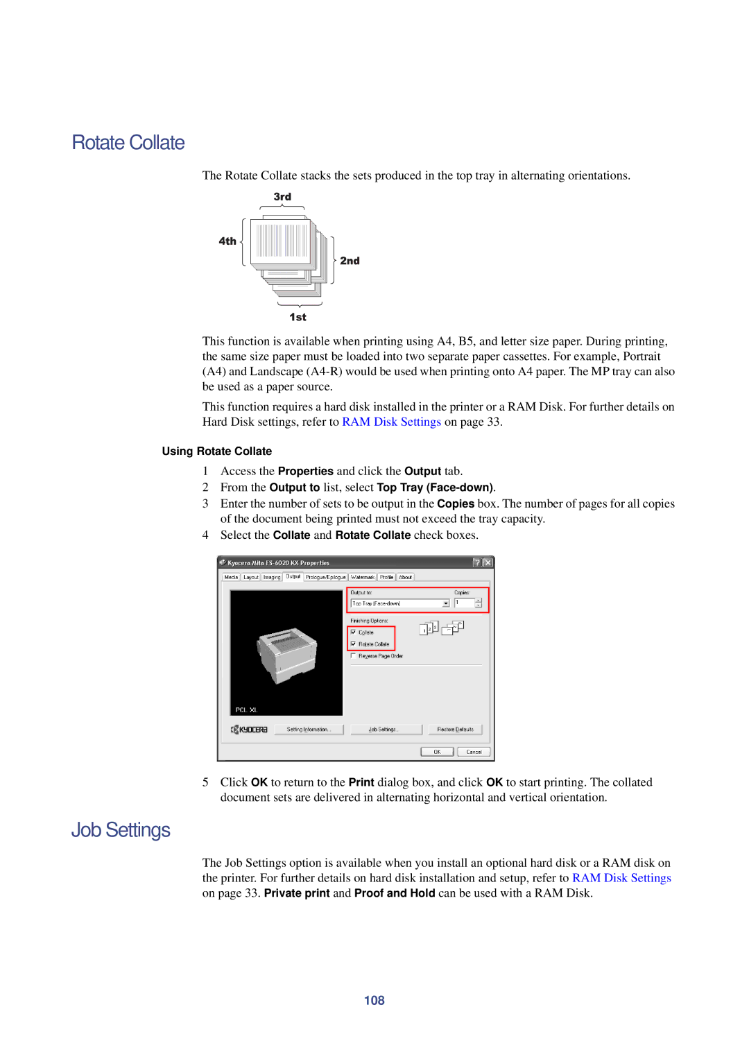 HP Kyocera Extended Driver Job Settings, 108, Using Rotate Collate, From the Output to list, select Top Tray Face-down 