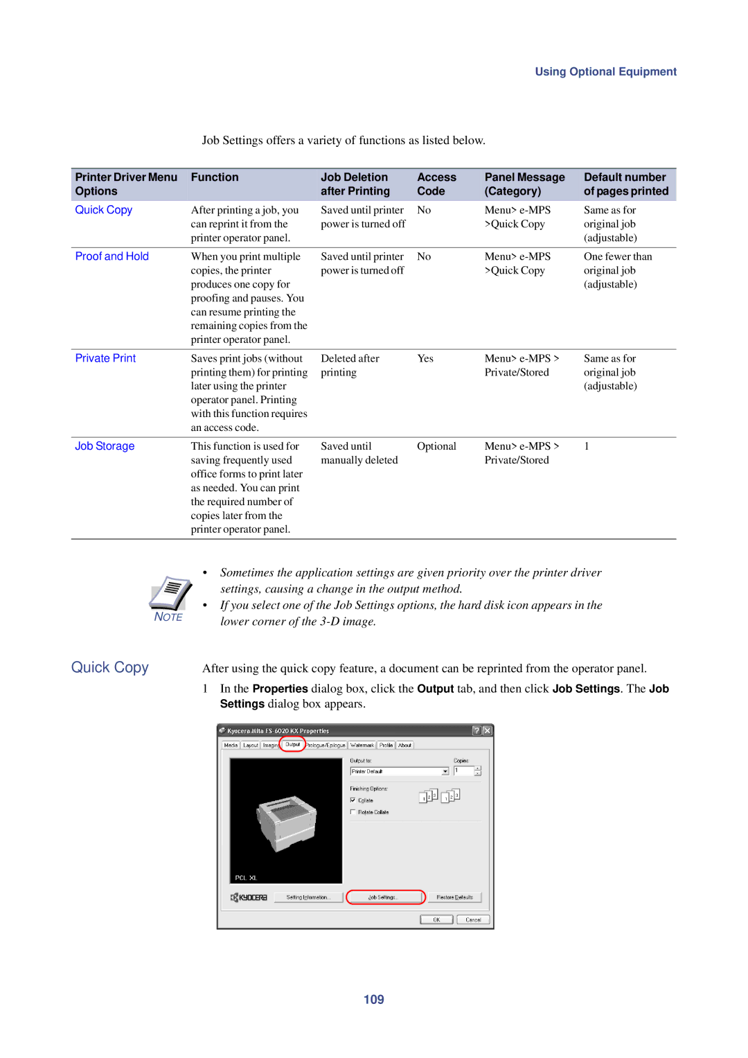 HP Kyocera Extended Driver manual Quick Copy, Job Settings offers a variety of functions as listed below, 109 