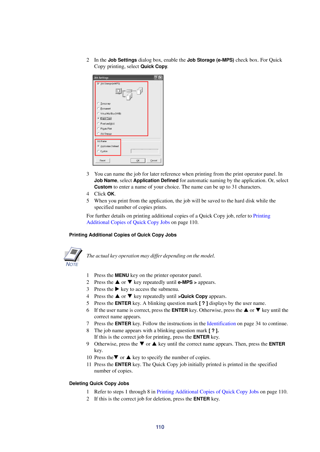 HP Kyocera Extended Driver manual Actual key operation may differ depending on the model, 110, Deleting Quick Copy Jobs 