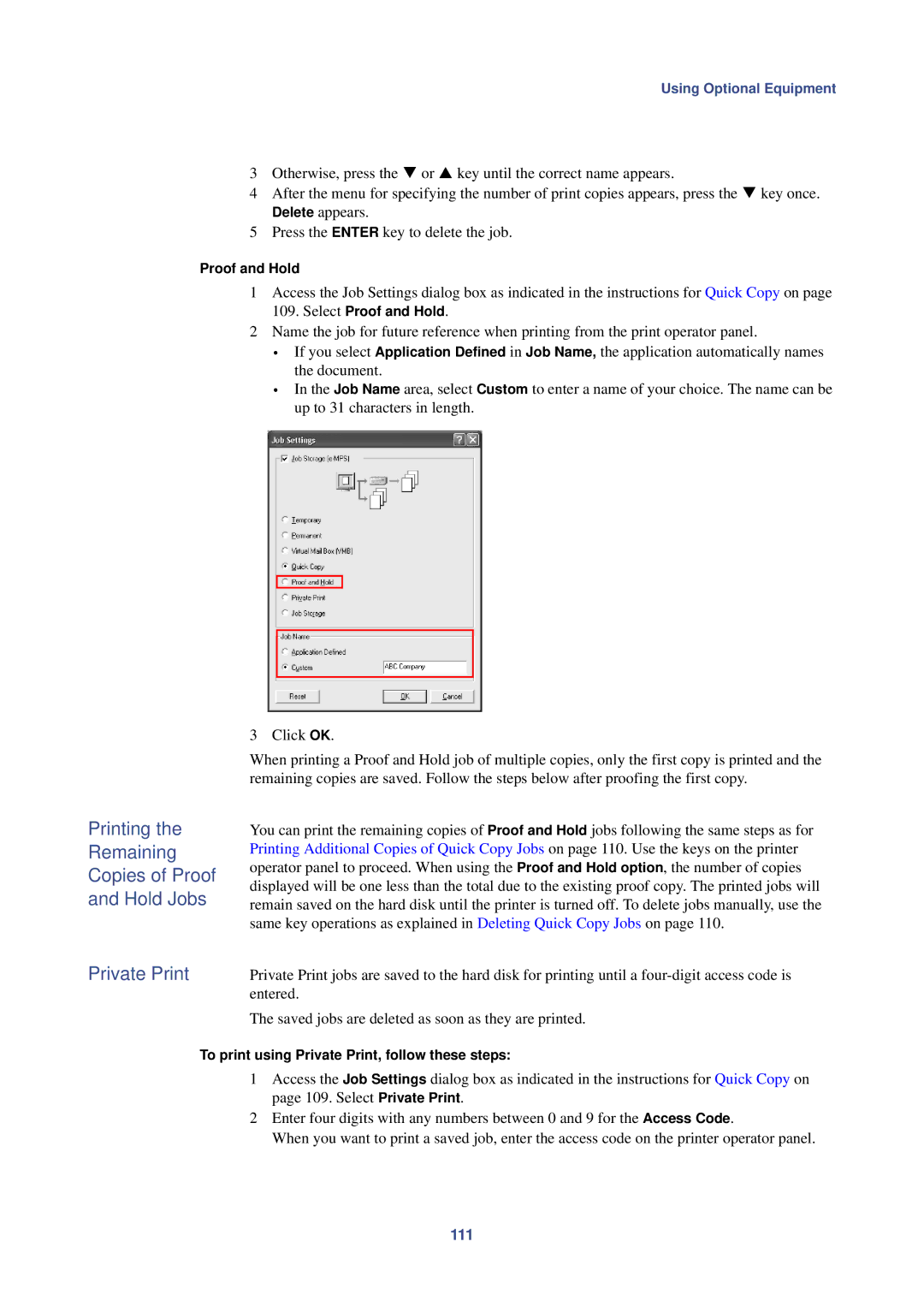 HP Kyocera Extended Driver manual Printing Remaining Copies of Proof Hold Jobs Private Print, 111, Proof and Hold 