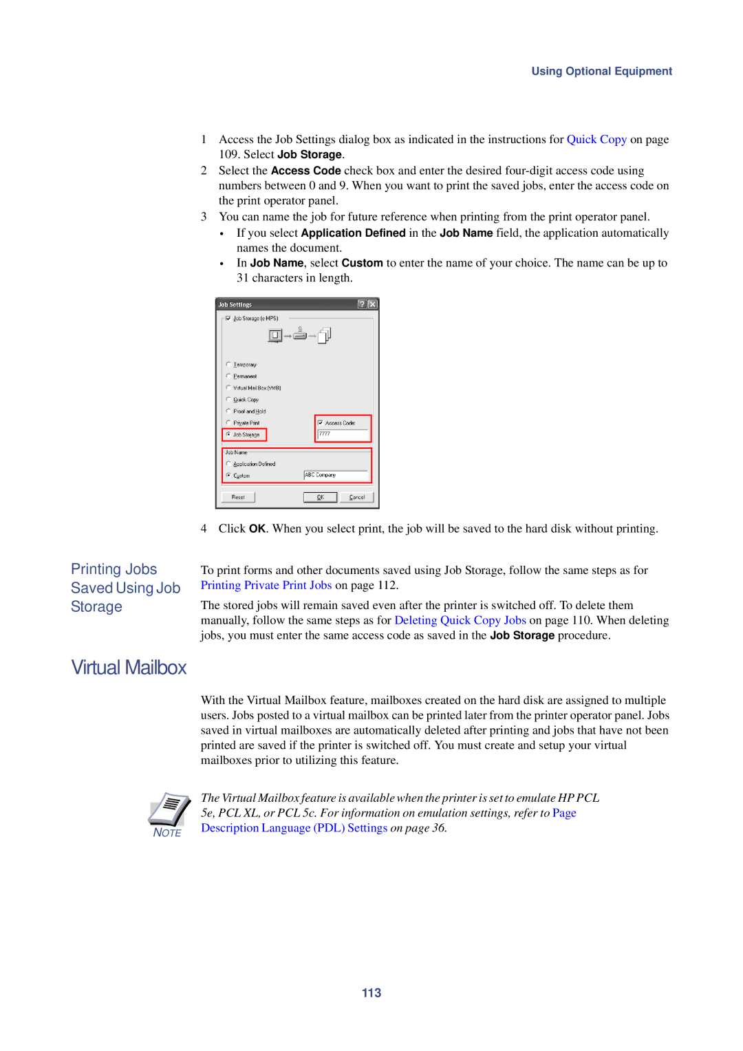 HP Kyocera Extended Driver manual Virtual Mailbox, Printing Jobs Saved Using Job Storage, 113 