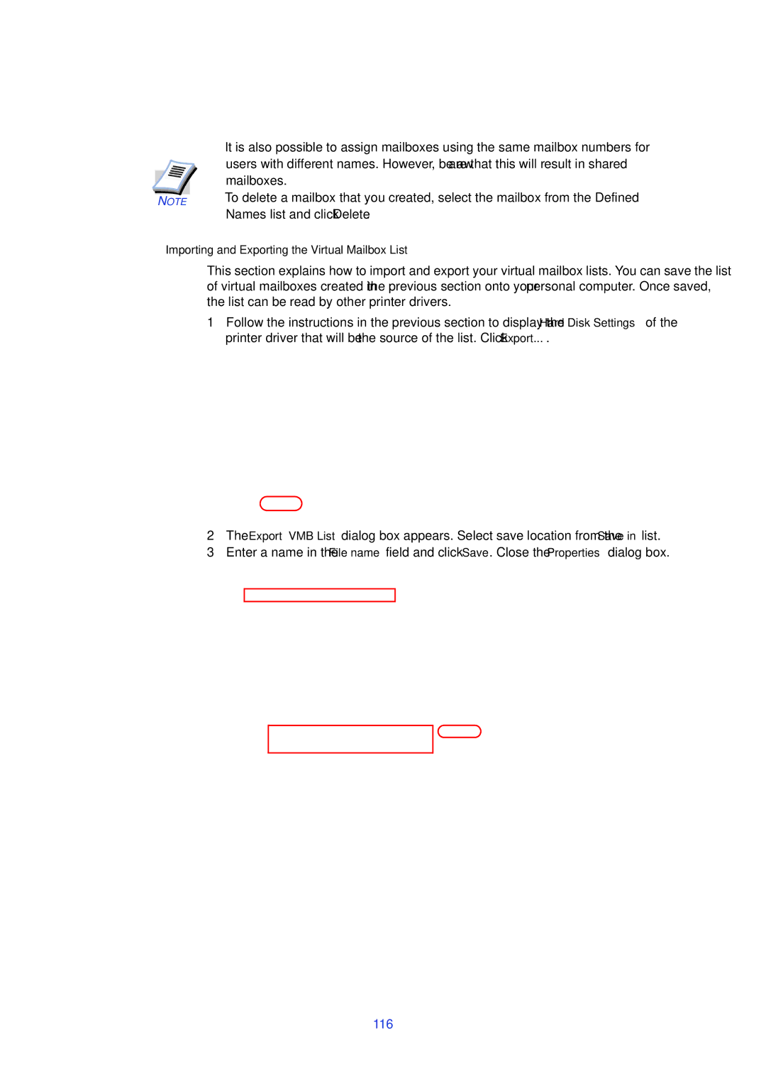 HP Kyocera Extended Driver manual 116, Importing and Exporting the Virtual Mailbox List 