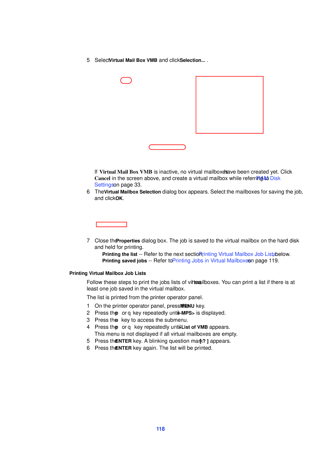 HP Kyocera Extended Driver manual 118, Select Virtual Mail Box VMB and click Selection, Printing Virtual Mailbox Job Lists 