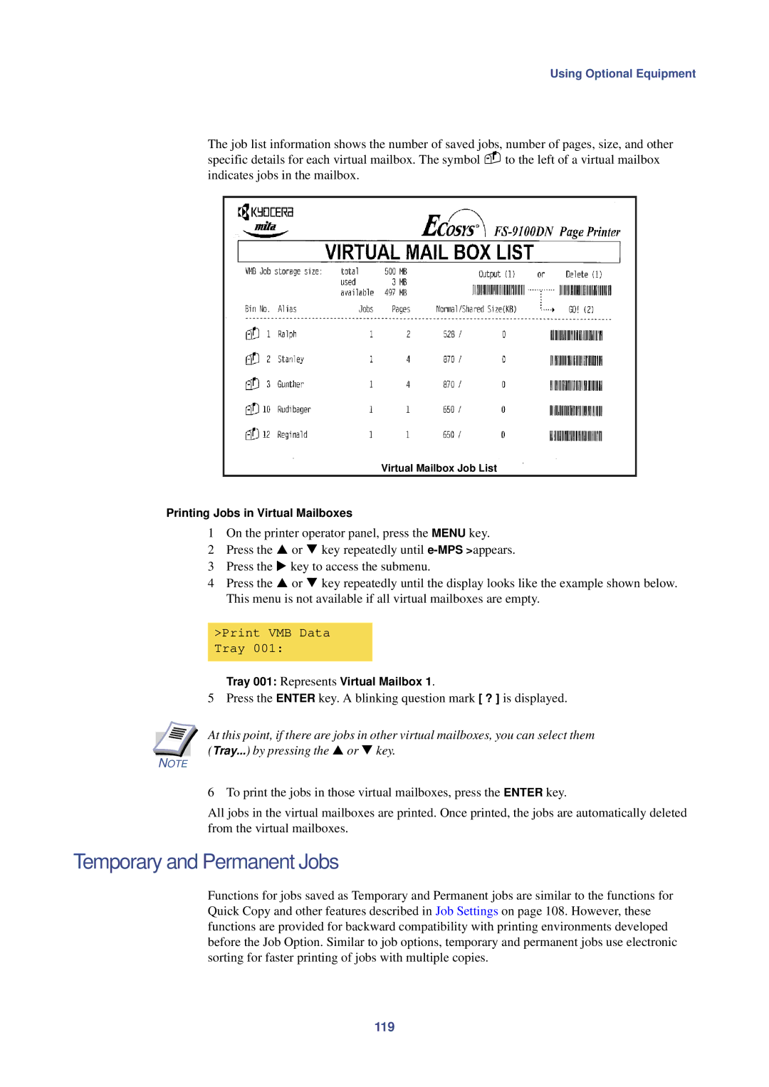 HP Kyocera Extended Driver manual Temporary and Permanent Jobs, 119, Printing Jobs in Virtual Mailboxes 