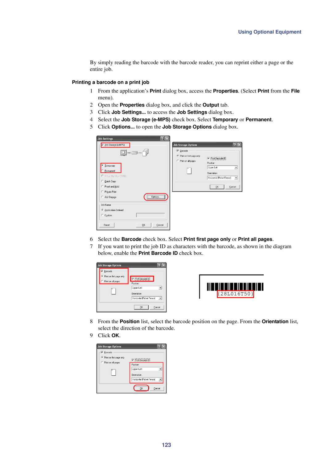 HP Kyocera Extended Driver manual 123, Printing a barcode on a print job 