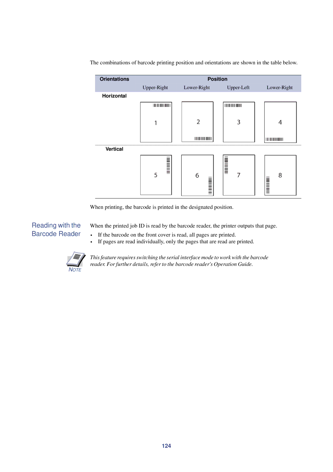 HP Kyocera Extended Driver manual Reading with the Barcode Reader, 124, Orientations Position, Horizontal Vertical 