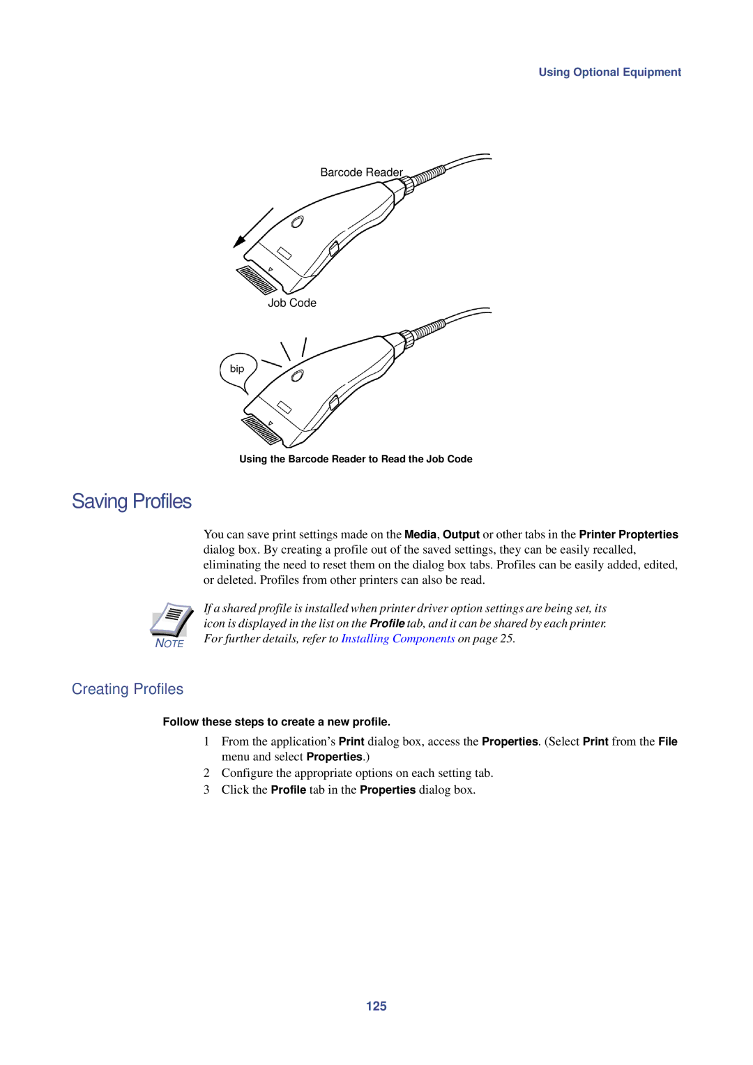 HP Kyocera Extended Driver Saving Profiles, Creating Profiles, For further details, refer to Installing Components on, 125 