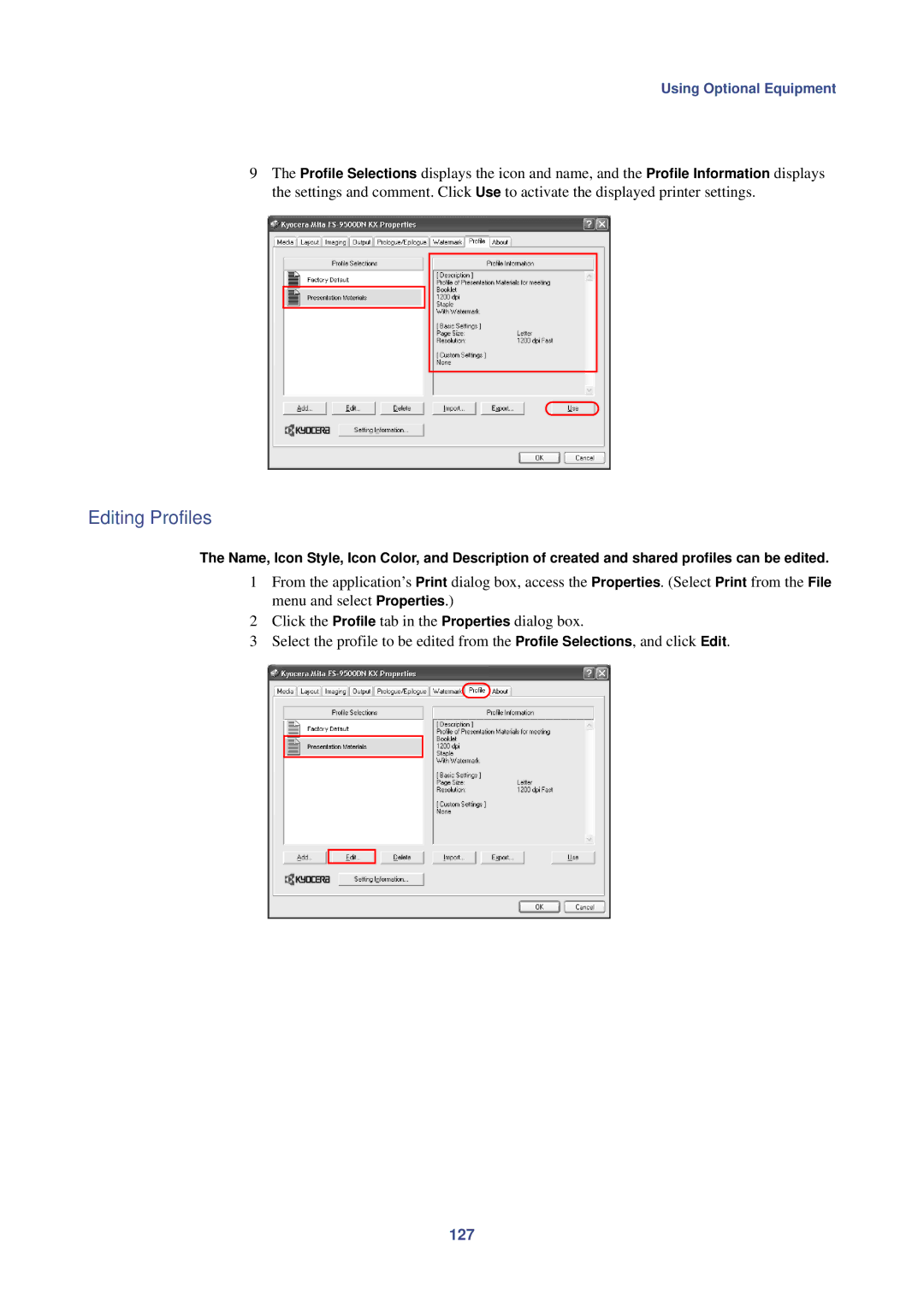 HP Kyocera Extended Driver manual Editing Profiles, 127 