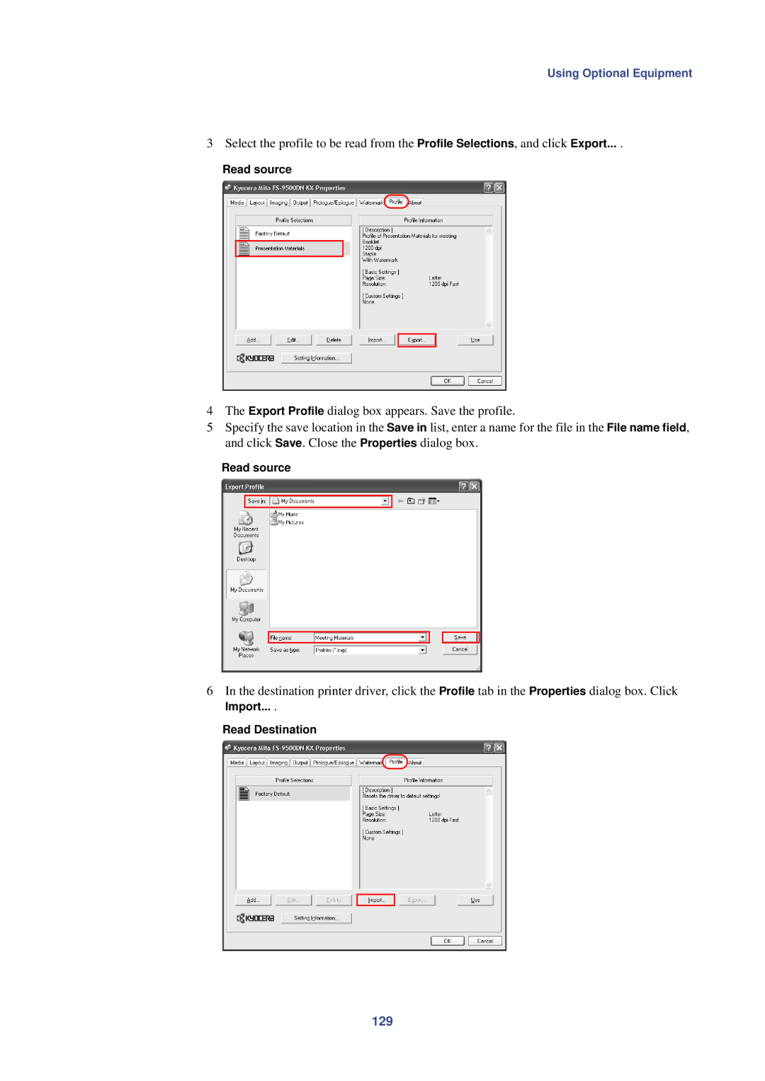 HP Kyocera Extended Driver manual 129, Read source, Import Read Destination 