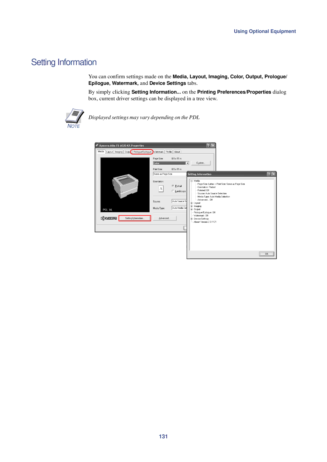 HP Kyocera Extended Driver manual Setting Information, Displayed settings may vary depending on the PDL, 131 