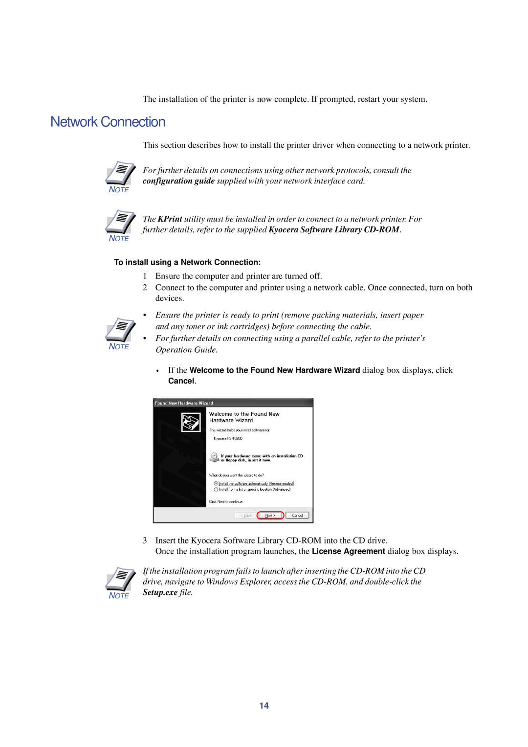 HP Kyocera Extended Driver manual To install using a Network Connection 