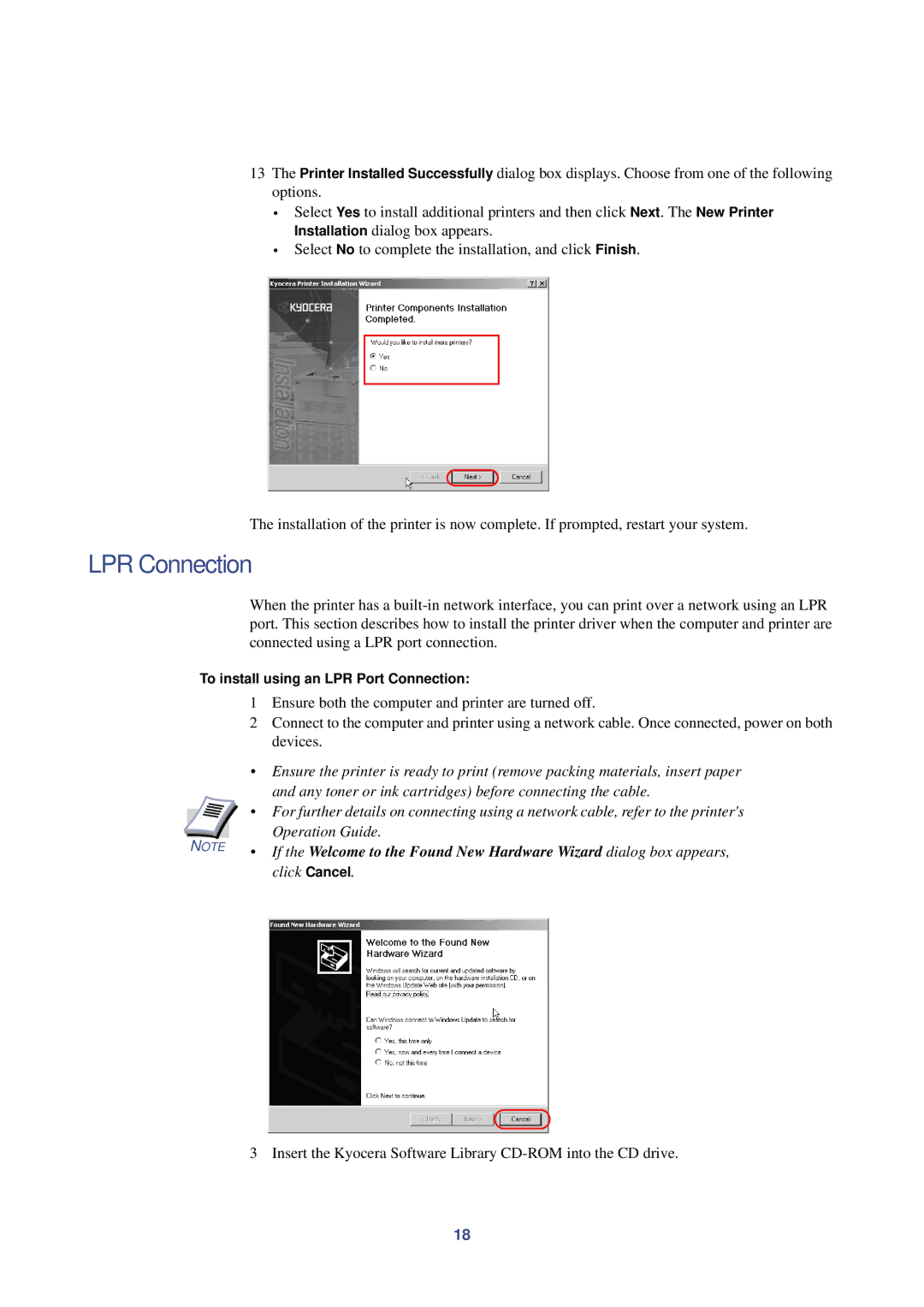 HP Kyocera Extended Driver manual LPR Connection, To install using an LPR Port Connection 