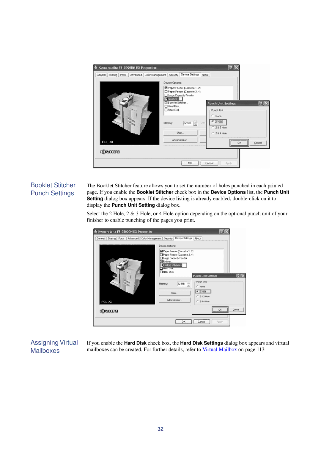 HP Kyocera Extended Driver manual Booklet Stitcher Punch Settings Assigning Virtual Mailboxes 