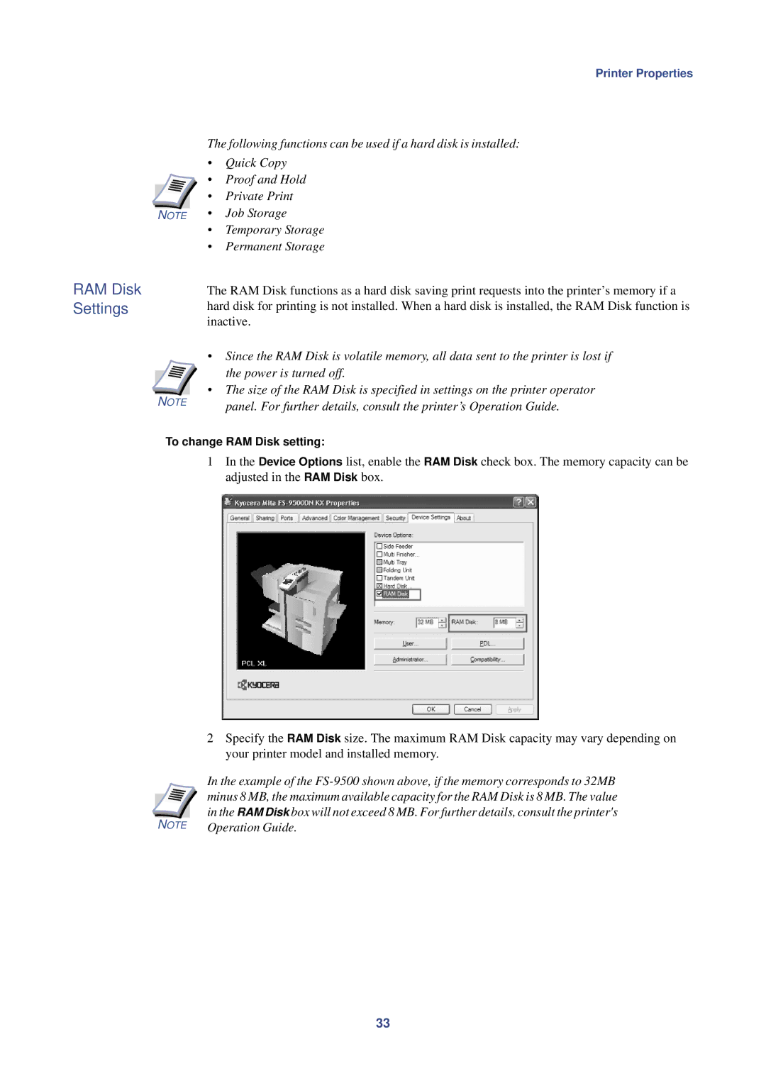 HP Kyocera Extended Driver manual Settings, Inactive, To change RAM Disk setting 