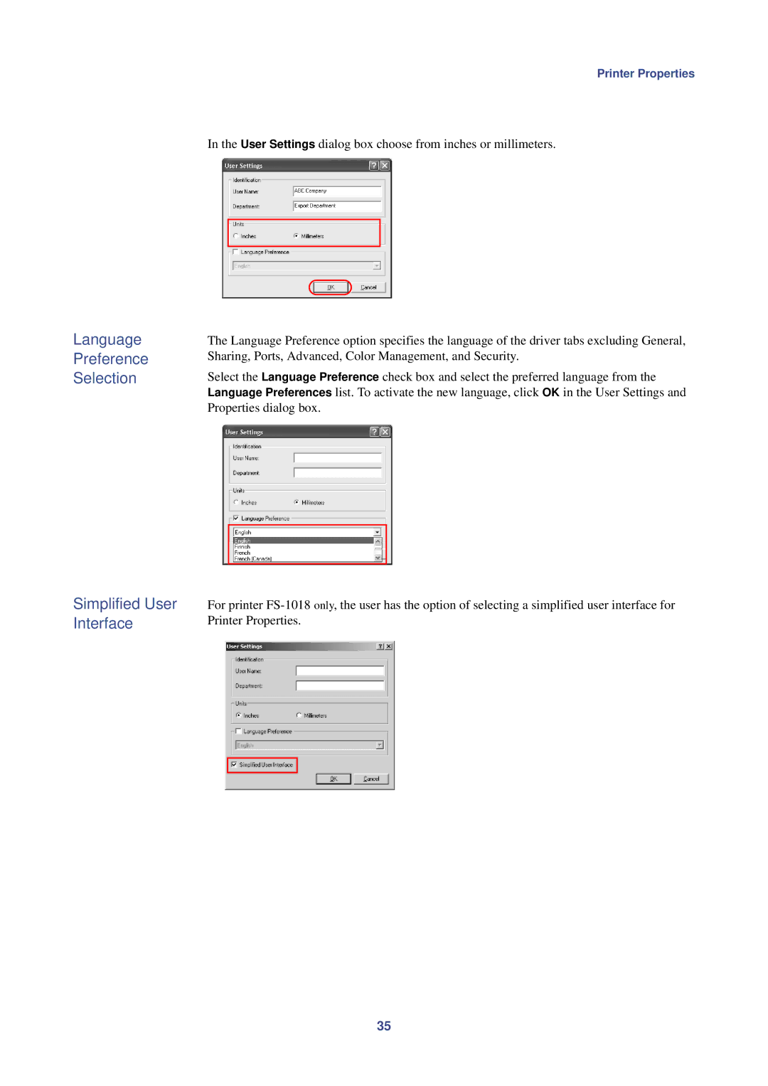 HP Kyocera Extended Driver manual Language, Preference, Selection, Simplified User Interface 