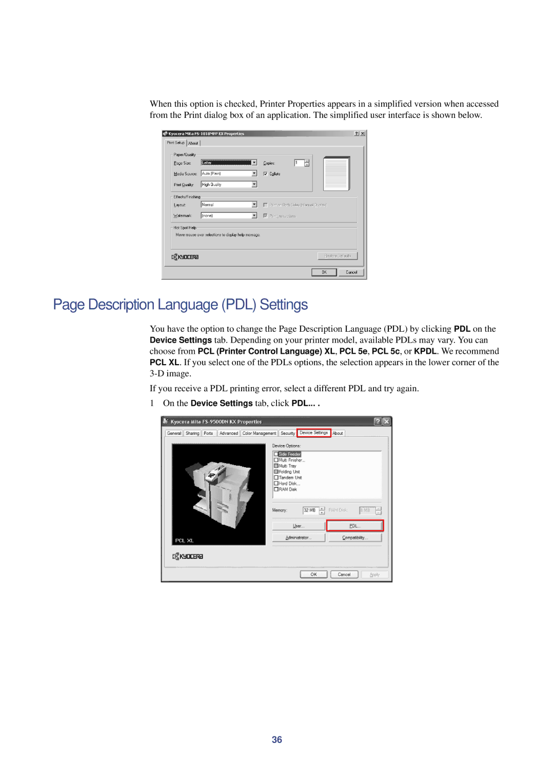 HP Kyocera Extended Driver manual Description Language PDL Settings, On the Device Settings tab, click PDL 