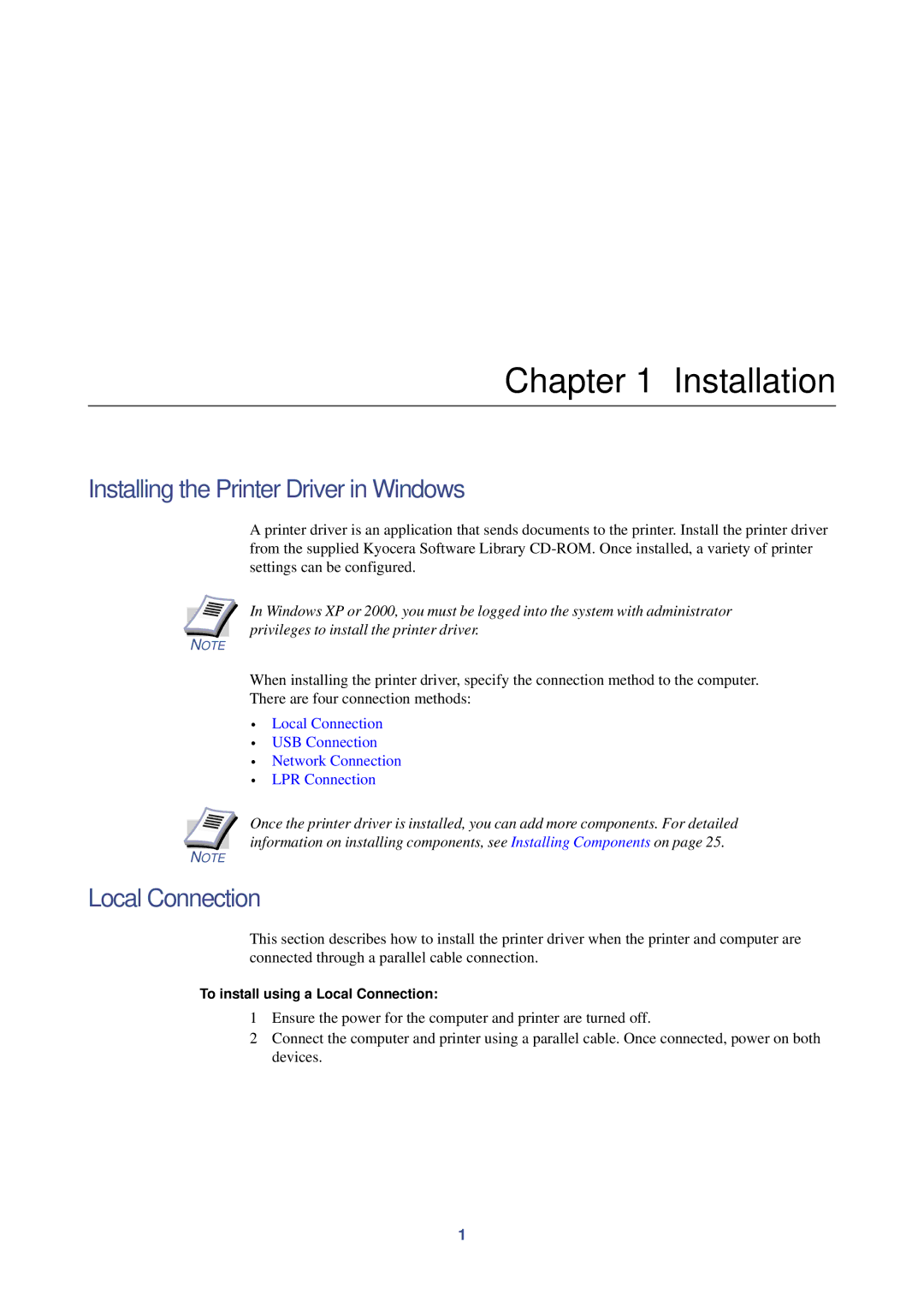 HP Kyocera Extended Driver manual Installing the Printer Driver in Windows, To install using a Local Connection 