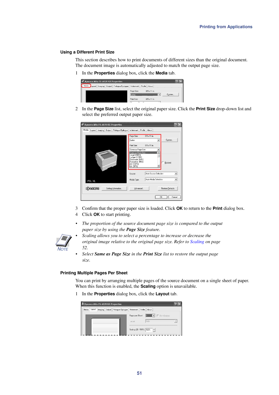 HP Kyocera Extended Driver manual Using a Different Print Size, Printing Multiple Pages Per Sheet 