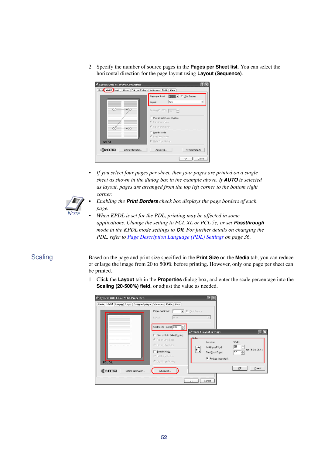 HP Kyocera Extended Driver manual Scaling, Be printed 