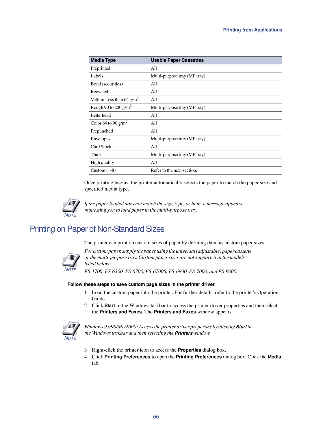 HP Kyocera Extended Driver manual Printing on Paper of Non-Standard Sizes, Listed below 