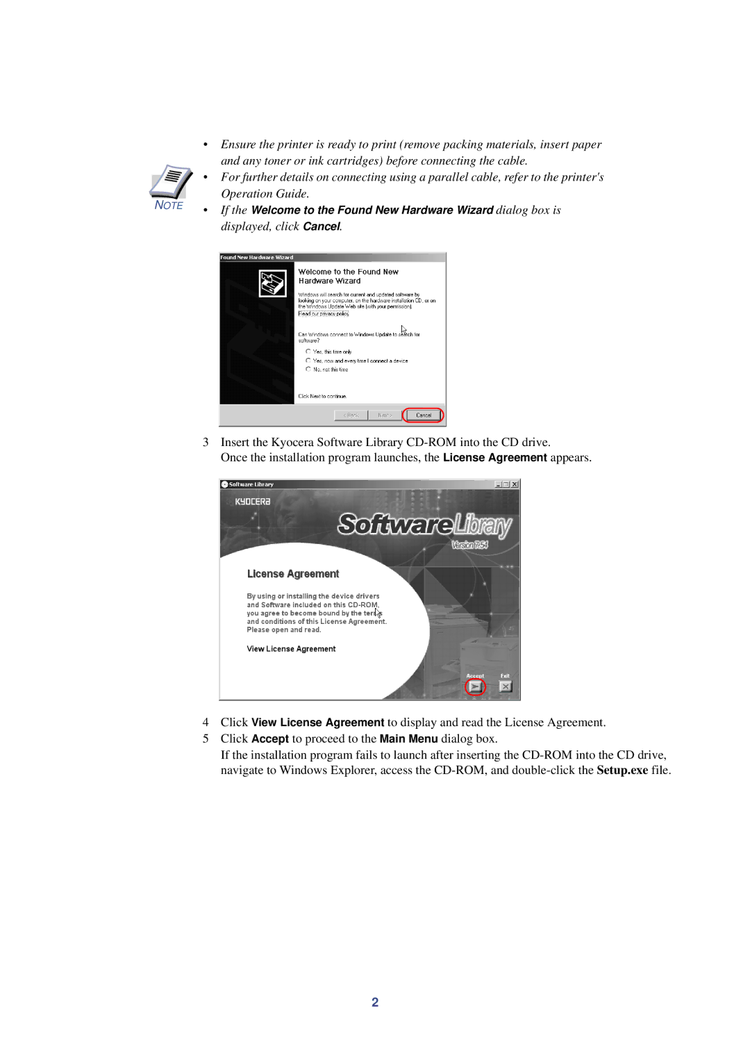 HP Kyocera Extended Driver manual Any toner or ink cartridges before connecting the cable, Operation Guide 