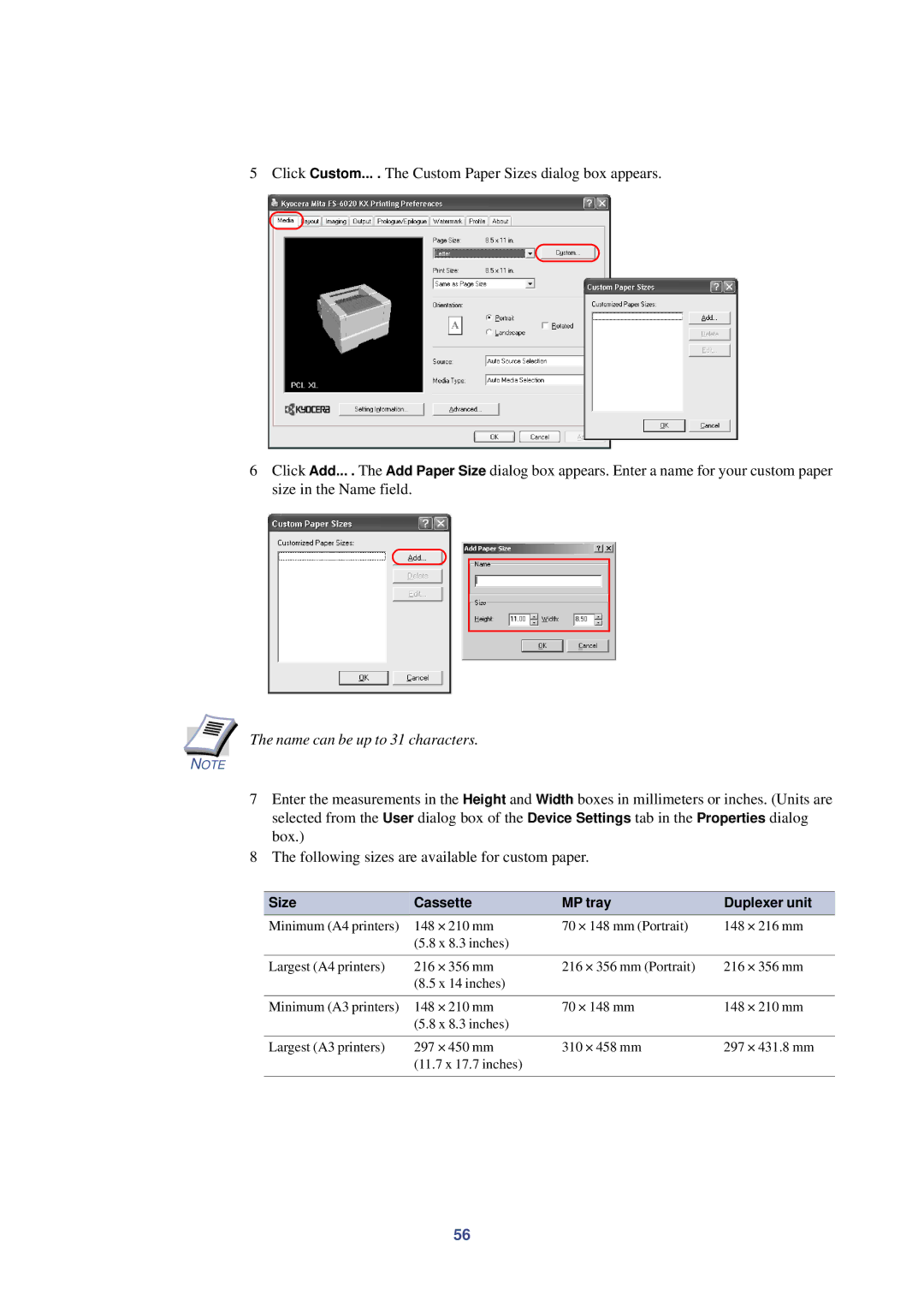 HP Kyocera Extended Driver manual Name can be up to 31 characters, Size Cassette MP tray Duplexer unit 