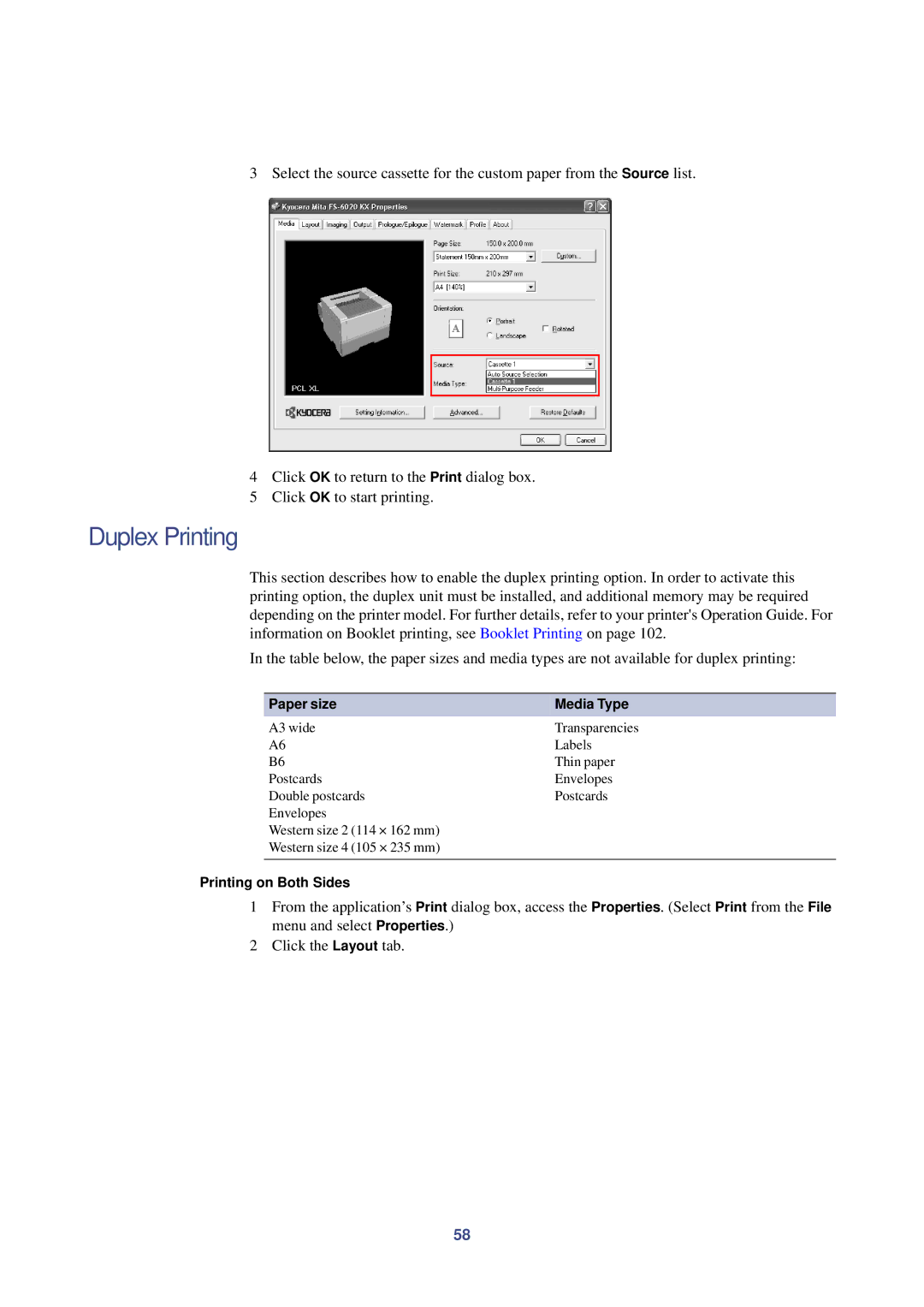 HP Kyocera Extended Driver manual Duplex Printing, Paper size Media Type, Printing on Both Sides 