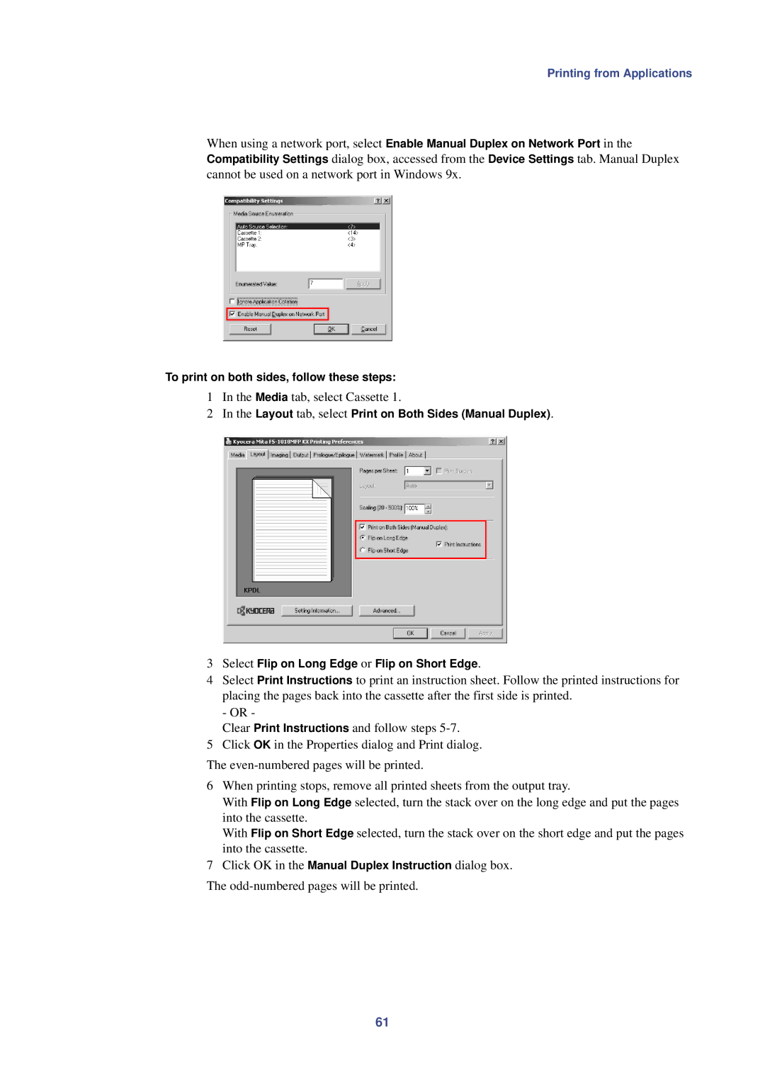 HP Kyocera Extended Driver manual Media tab, select Cassette, To print on both sides, follow these steps 