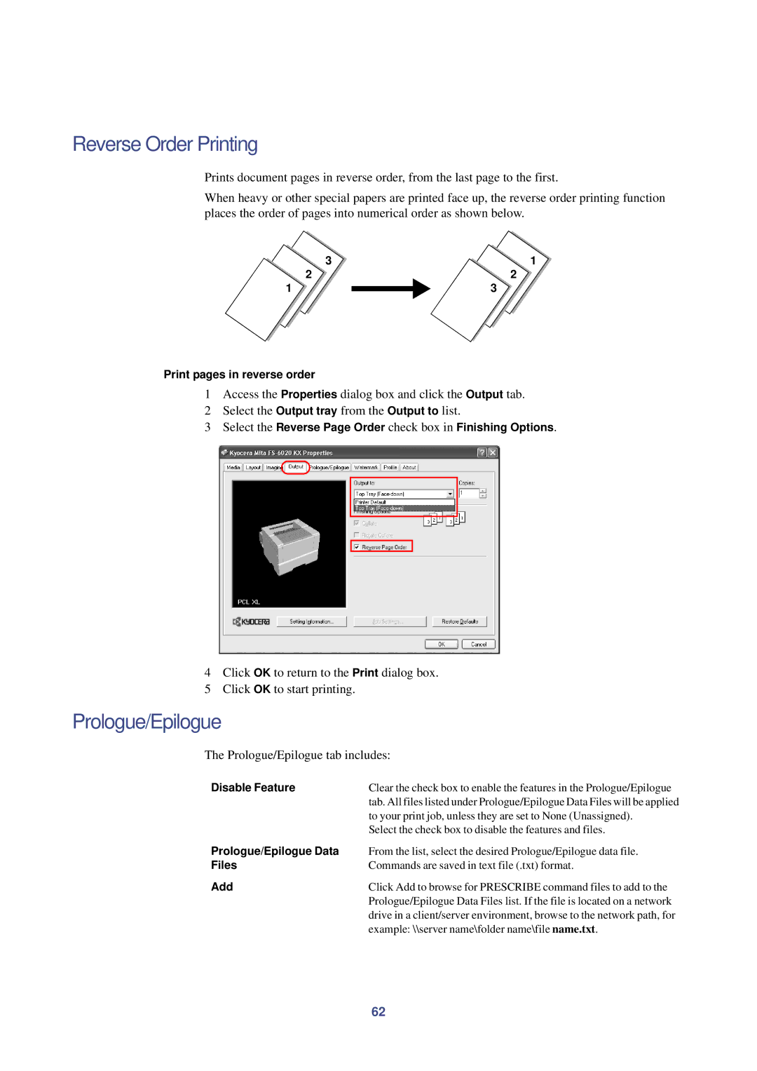 HP Kyocera Extended Driver manual Reverse Order Printing, Prologue/Epilogue tab includes 