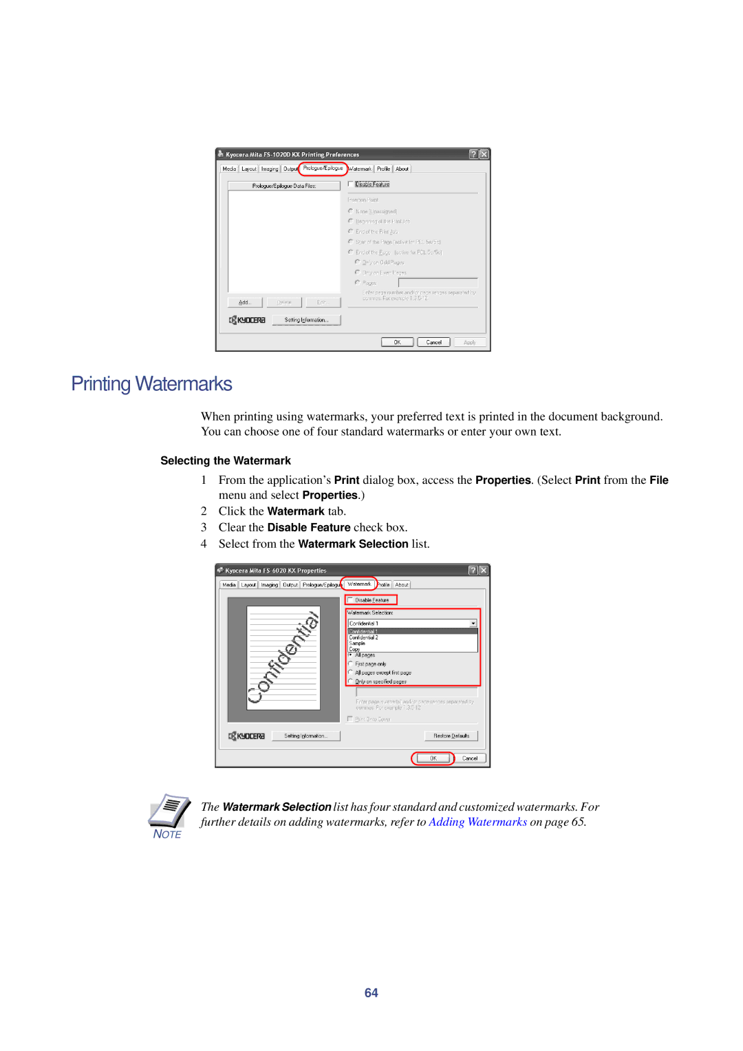 HP Kyocera Extended Driver manual Printing Watermarks, Selecting the Watermark 