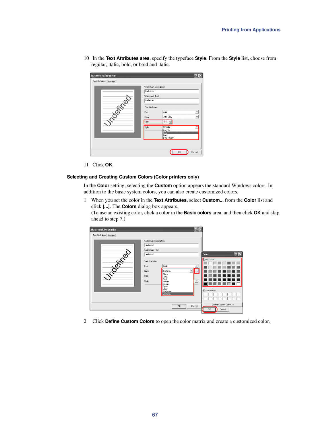 HP Kyocera Extended Driver manual Selecting and Creating Custom Colors Color printers only 