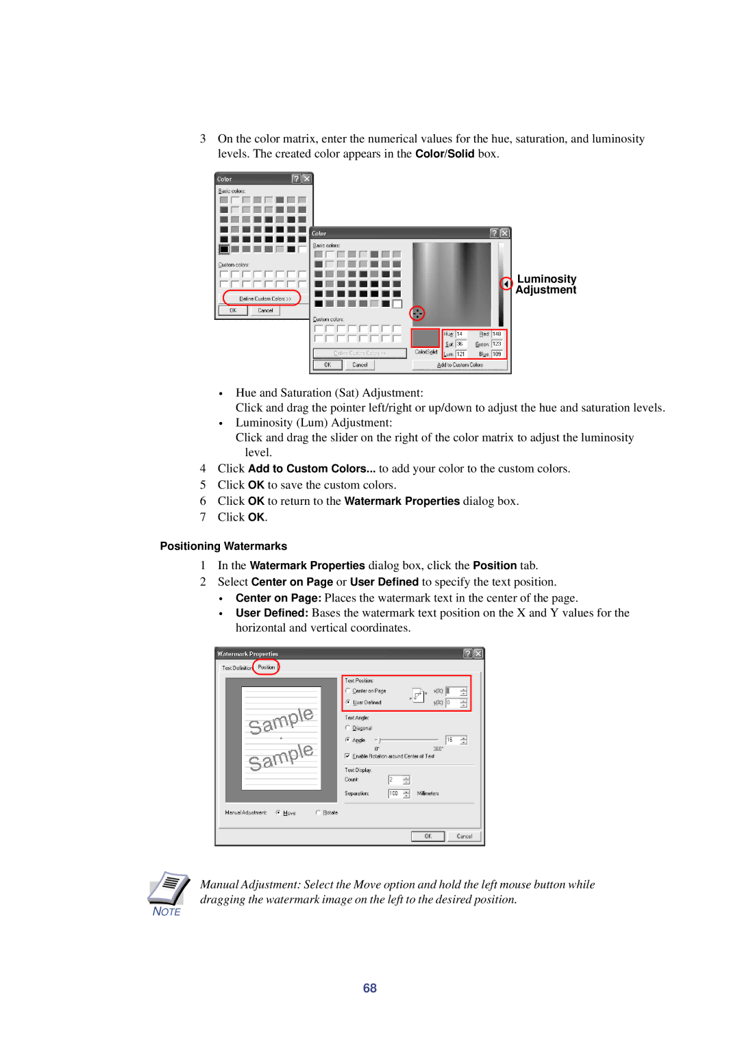 HP Kyocera Extended Driver manual Luminosity Adjustment, Positioning Watermarks 