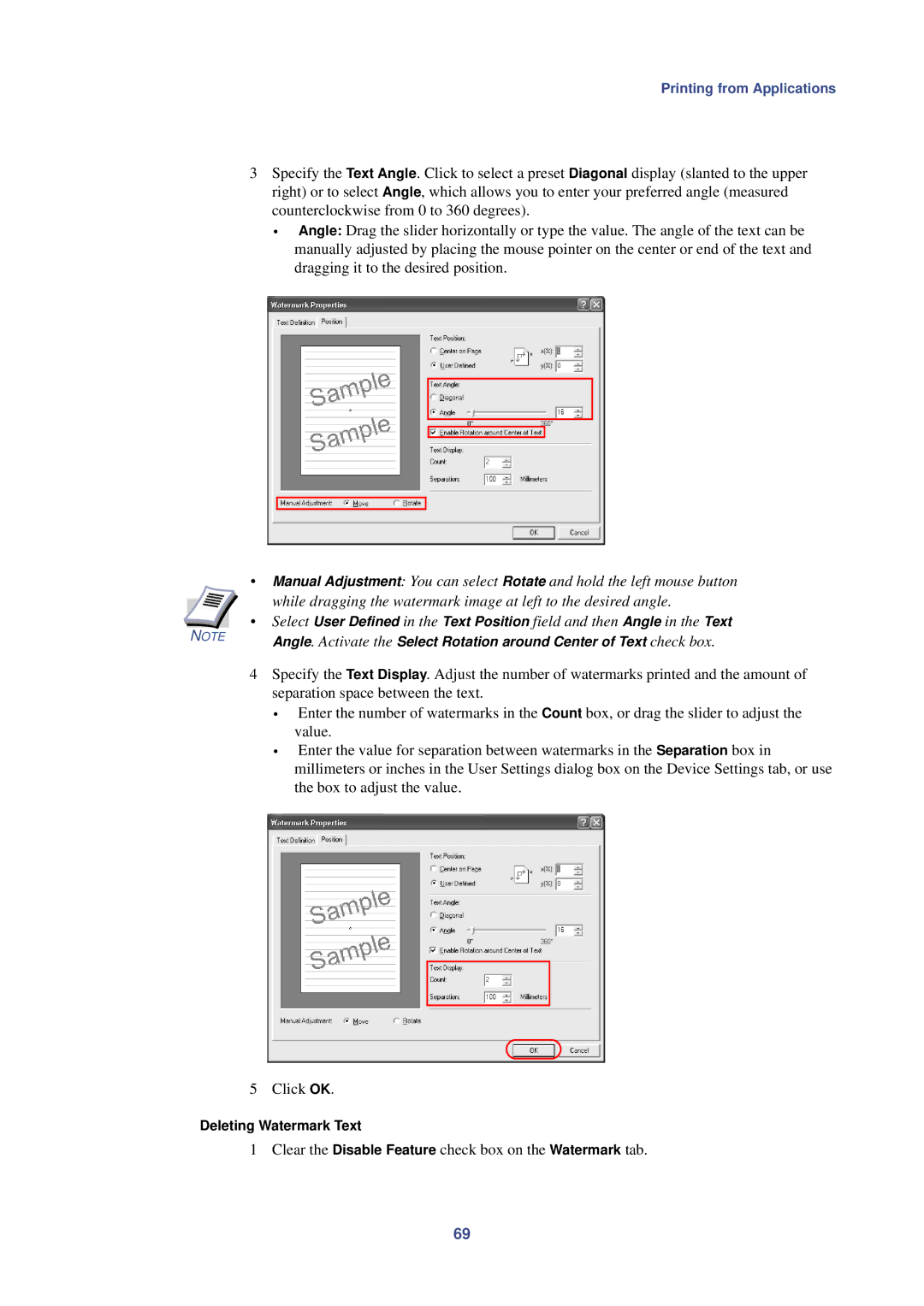 HP Kyocera Extended Driver manual Clear the Disable Feature check box on the Watermark tab, Deleting Watermark Text 