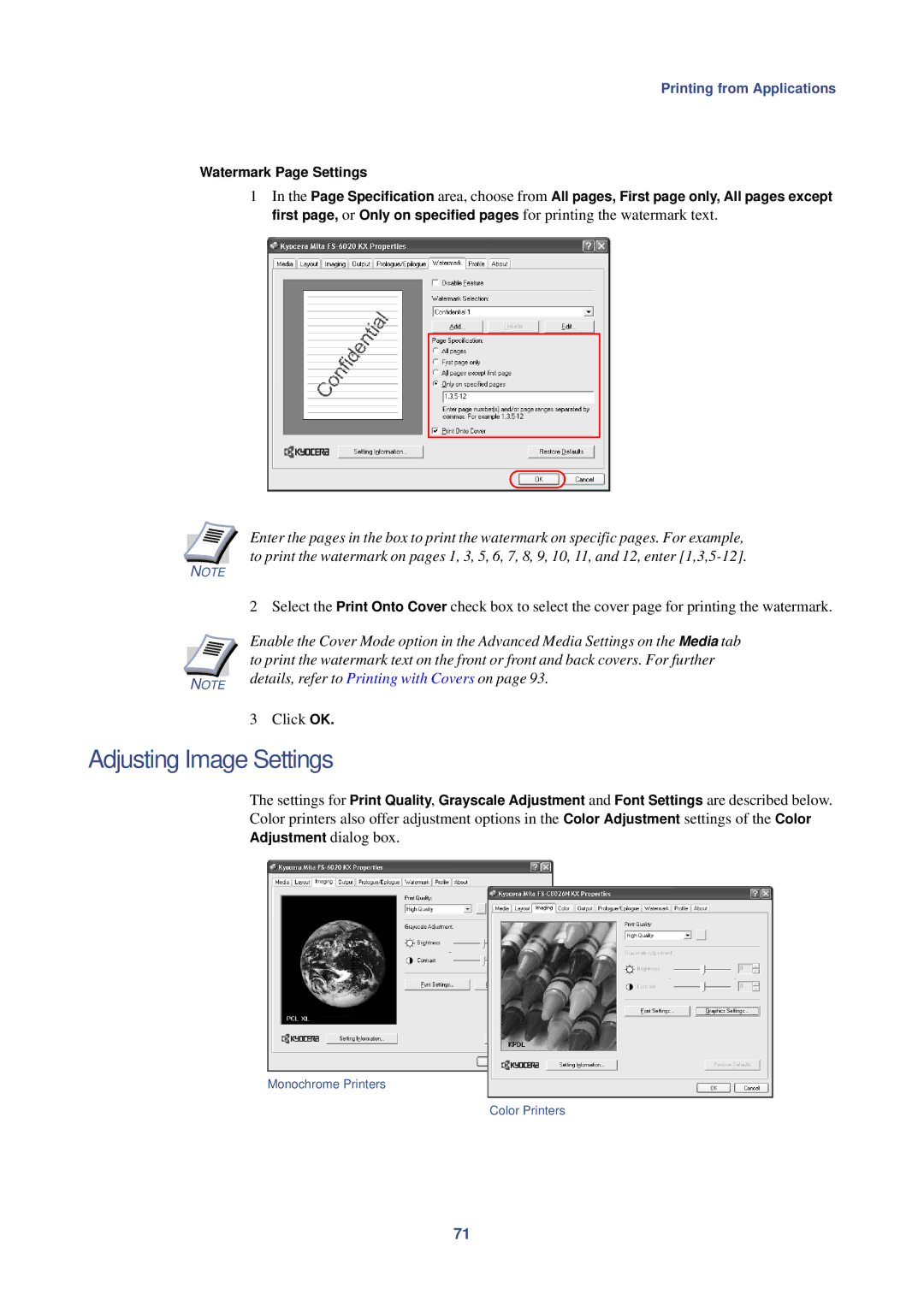 HP Kyocera Extended Driver manual Adjusting Image Settings, Details, refer to Printing with Covers on 