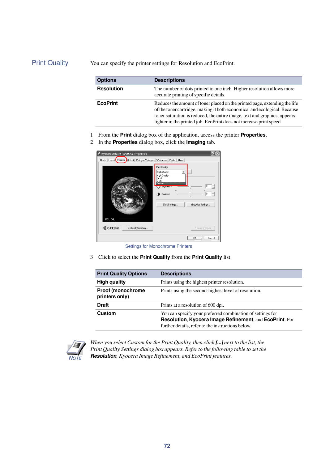 HP Kyocera Extended Driver manual Print Quality, Resolution, Kyocera Image Refinement, and EcoPrint features 