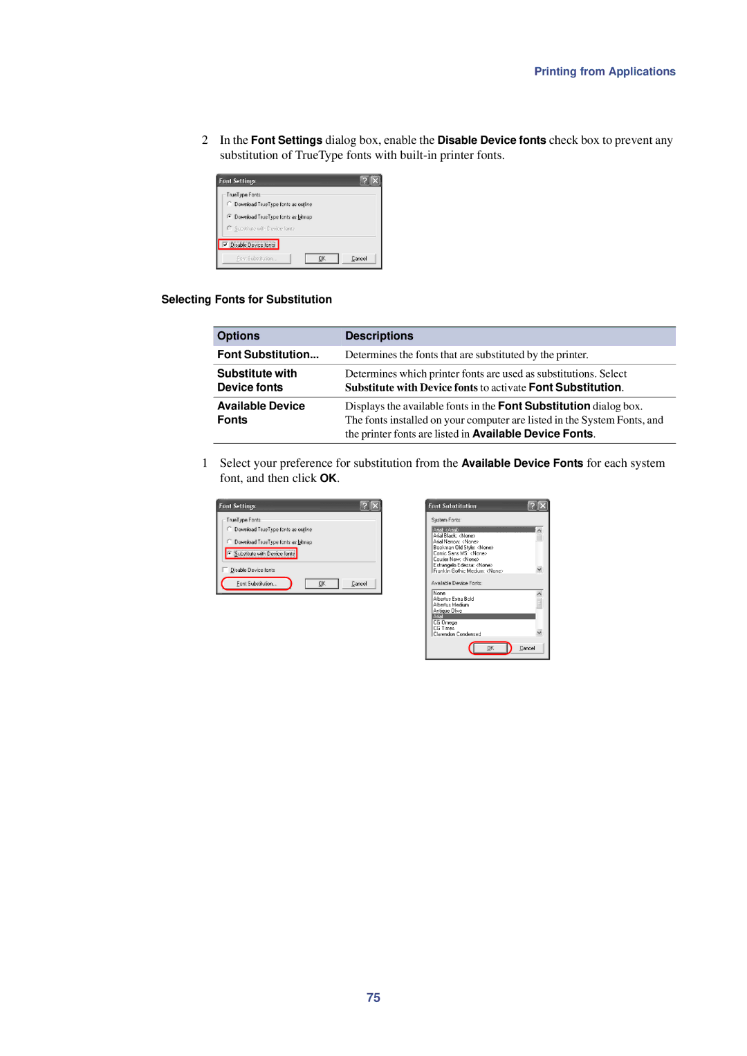 HP Kyocera Extended Driver manual Substitute with, Device fonts, Available Device, Fonts 