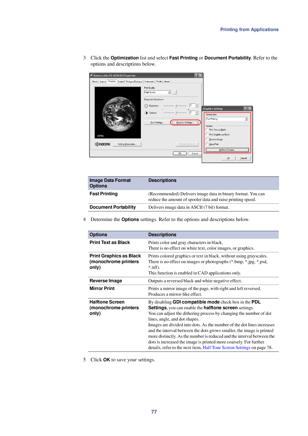 HP Kyocera Extended Driver manual Click OK to save your settings, Document Portability, Reverse Image, Halftone Screen 