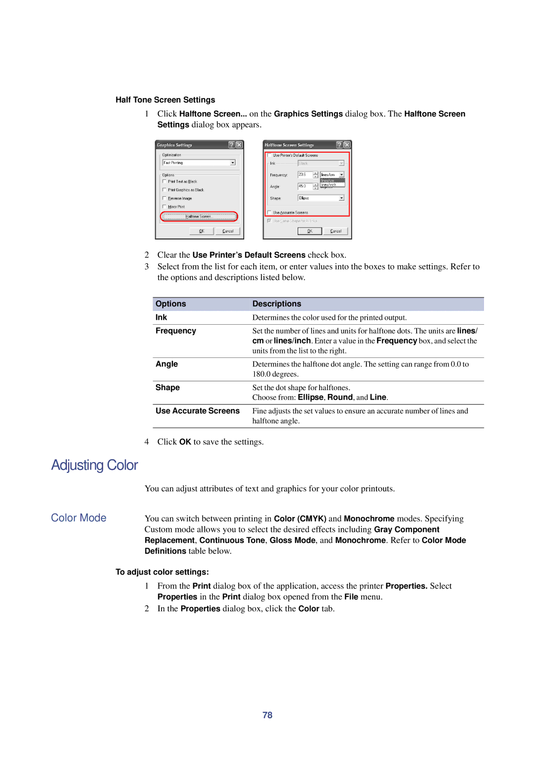 HP Kyocera Extended Driver manual Adjusting Color, Color Mode 