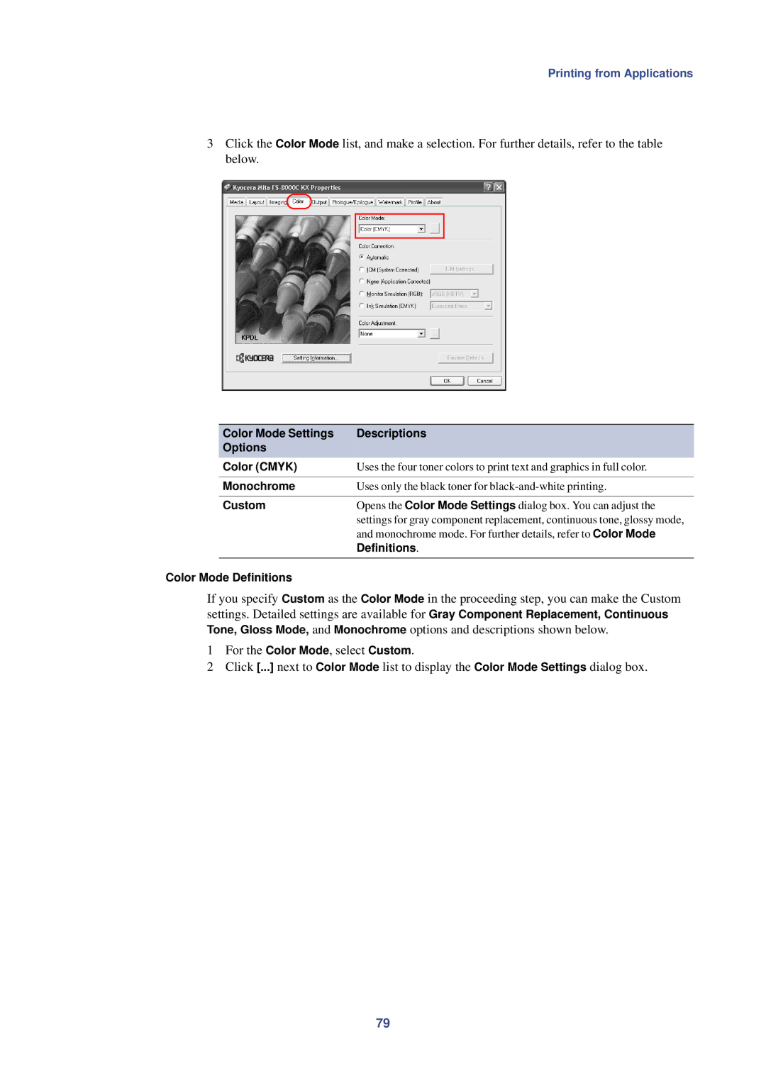 HP Kyocera Extended Driver manual Color Mode Settings Descriptions Options Color Cmyk, Monochrome, Definitions 