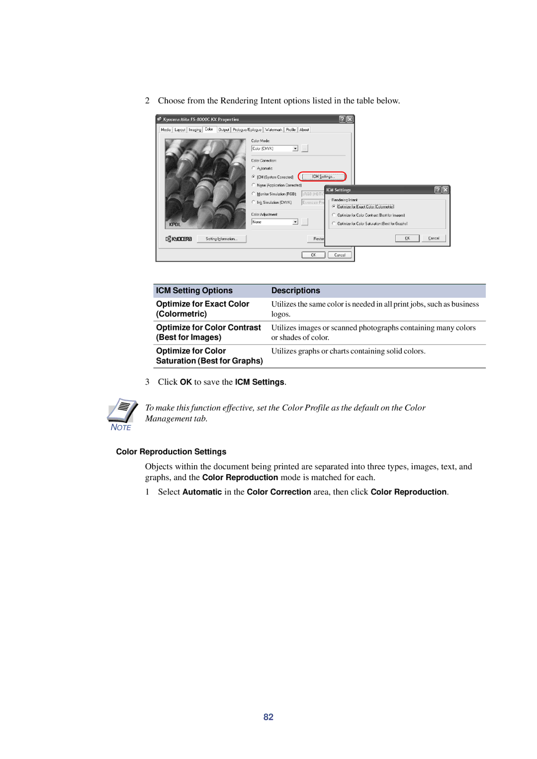 HP Kyocera Extended Driver manual Click OK to save the ICM Settings 