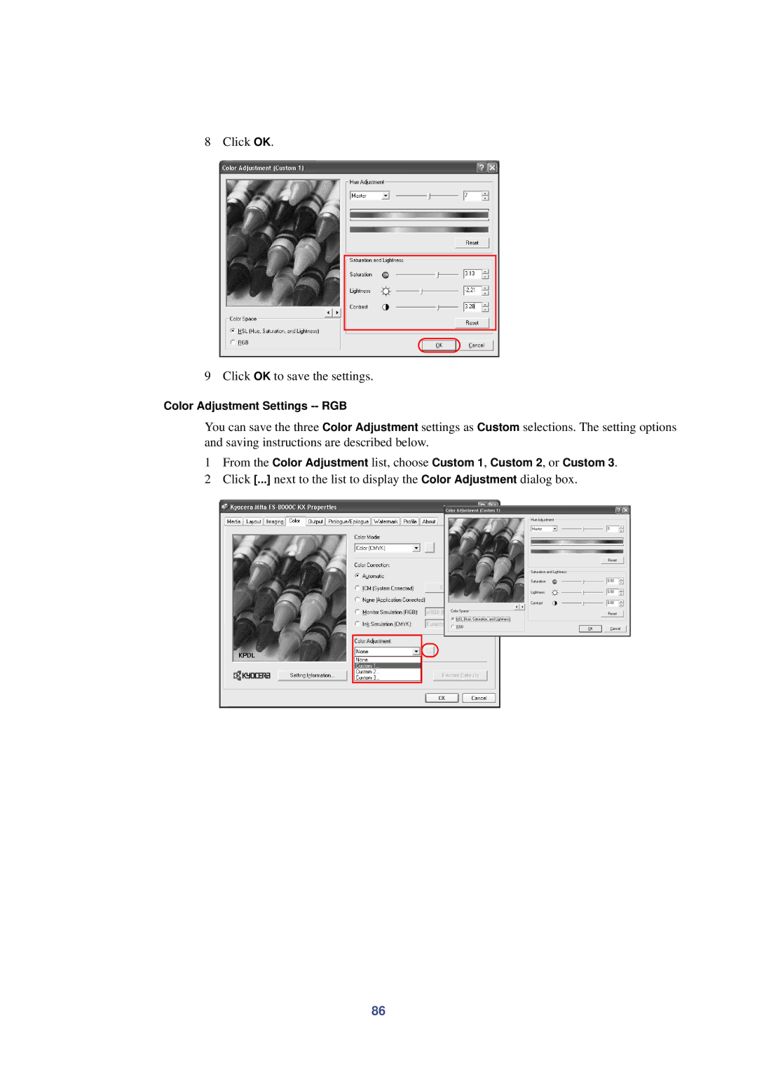 HP Kyocera Extended Driver manual Click OK Click OK to save the settings, Color Adjustment Settings -- RGB 