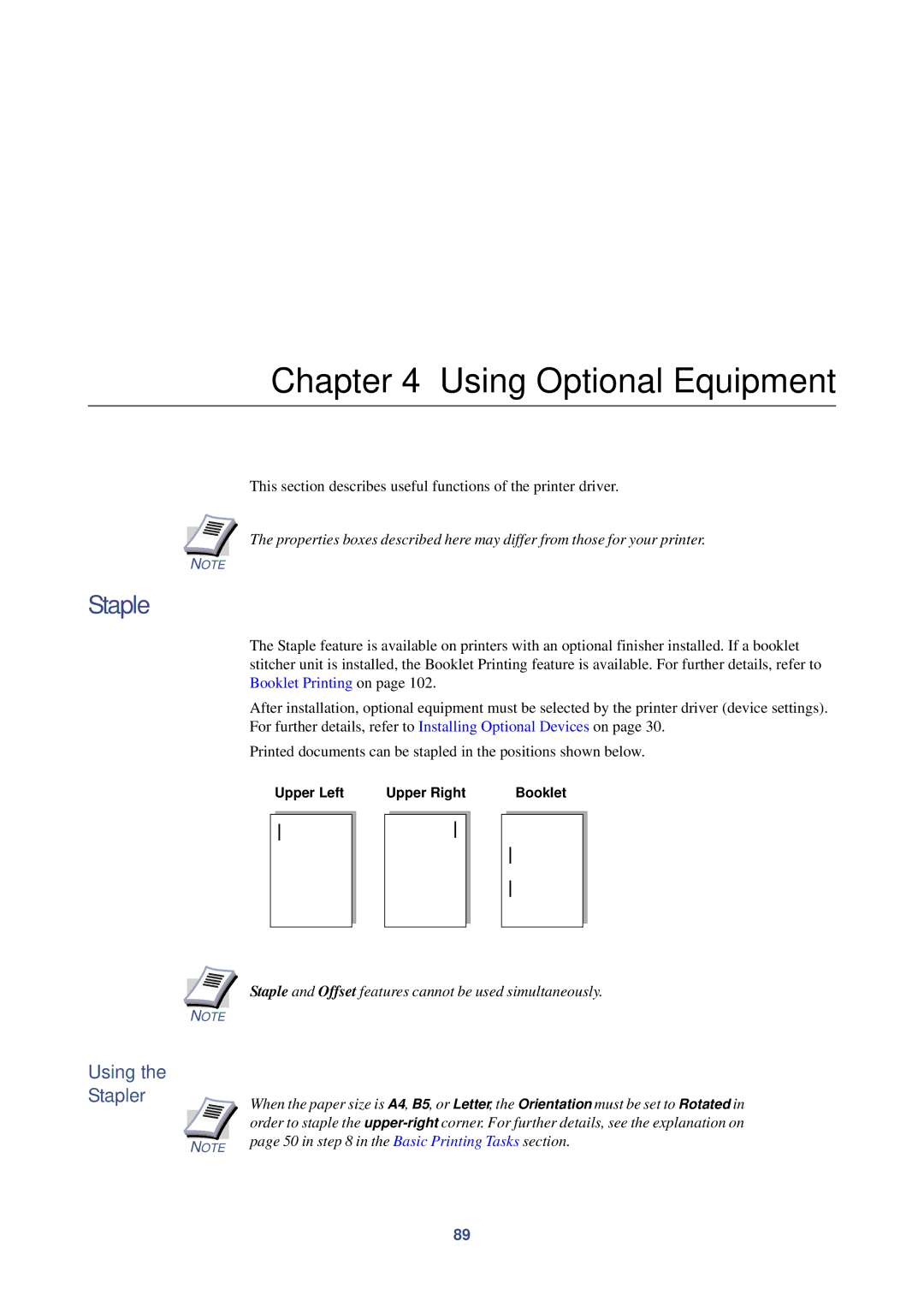 HP Kyocera Extended Driver manual Using Stapler, Staple and Offset features cannot be used simultaneously 