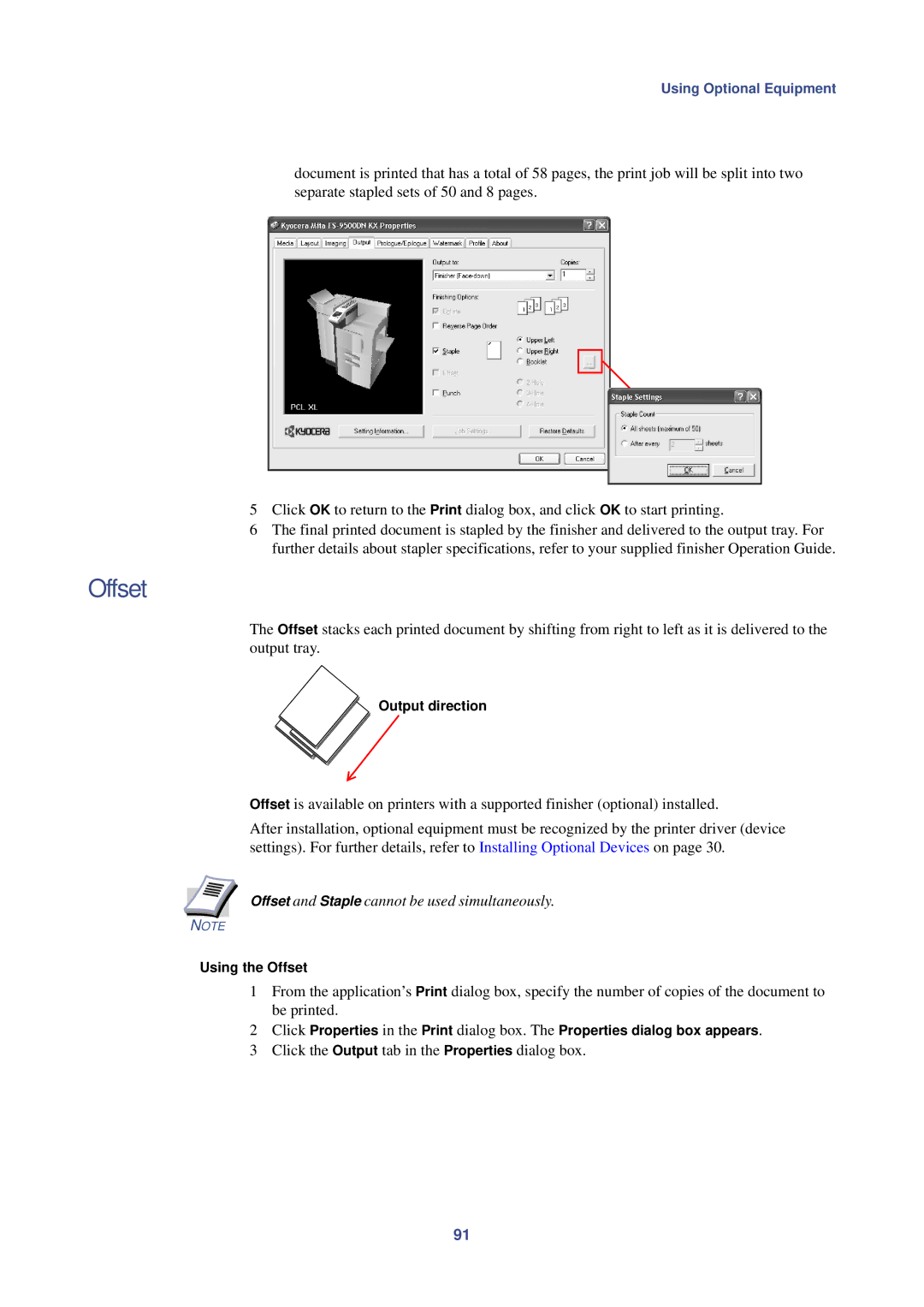 HP Kyocera Extended Driver manual Offset and Staple cannot be used simultaneously, Output direction, Using the Offset 