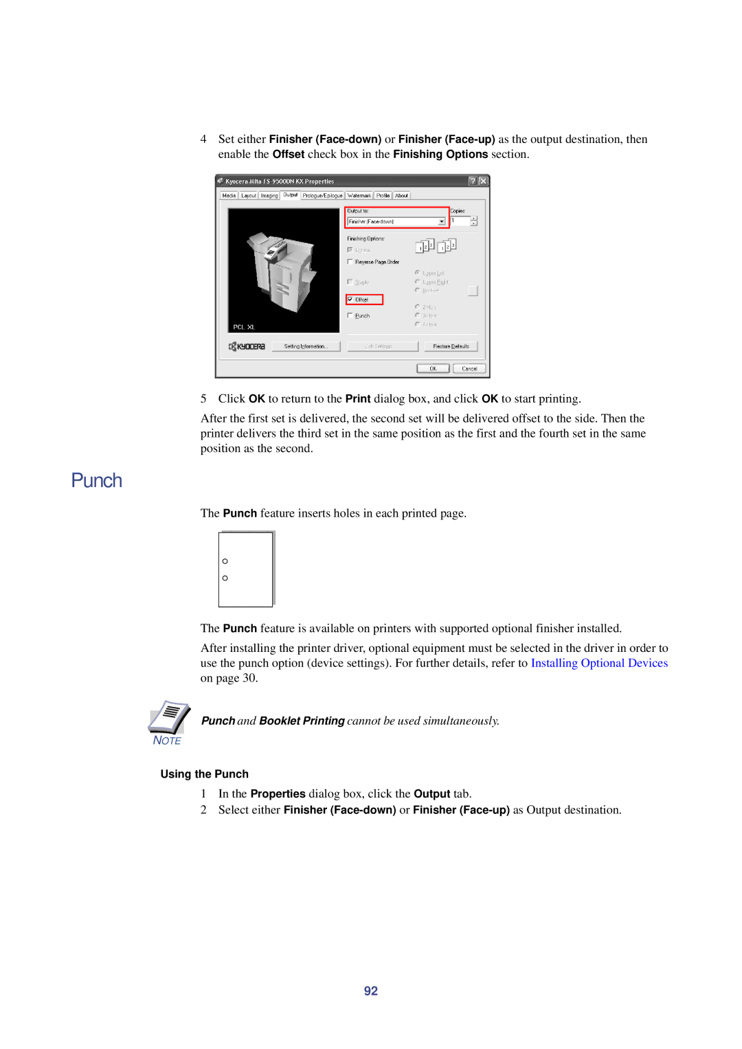 HP Kyocera Extended Driver manual Punch and Booklet Printing cannot be used simultaneously, Using the Punch 