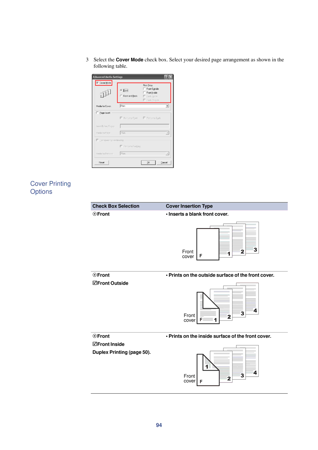 HP Kyocera Extended Driver manual Cover Printing Options, 5Front Outside 