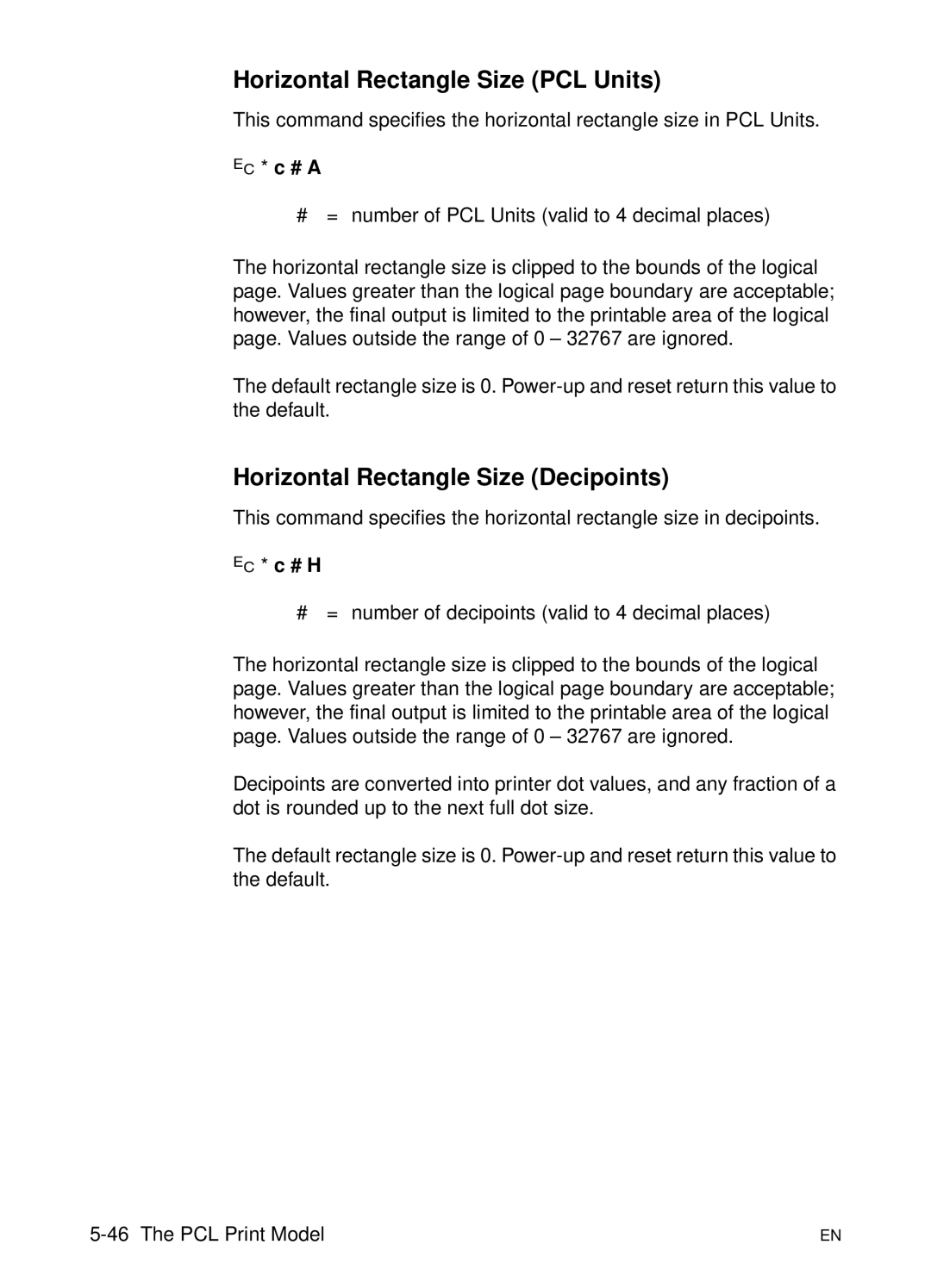 HP L 5 manual Horizontal Rectangle Size PCL Units, Horizontal Rectangle Size Decipoints, ? * c # a, ? * c # H 