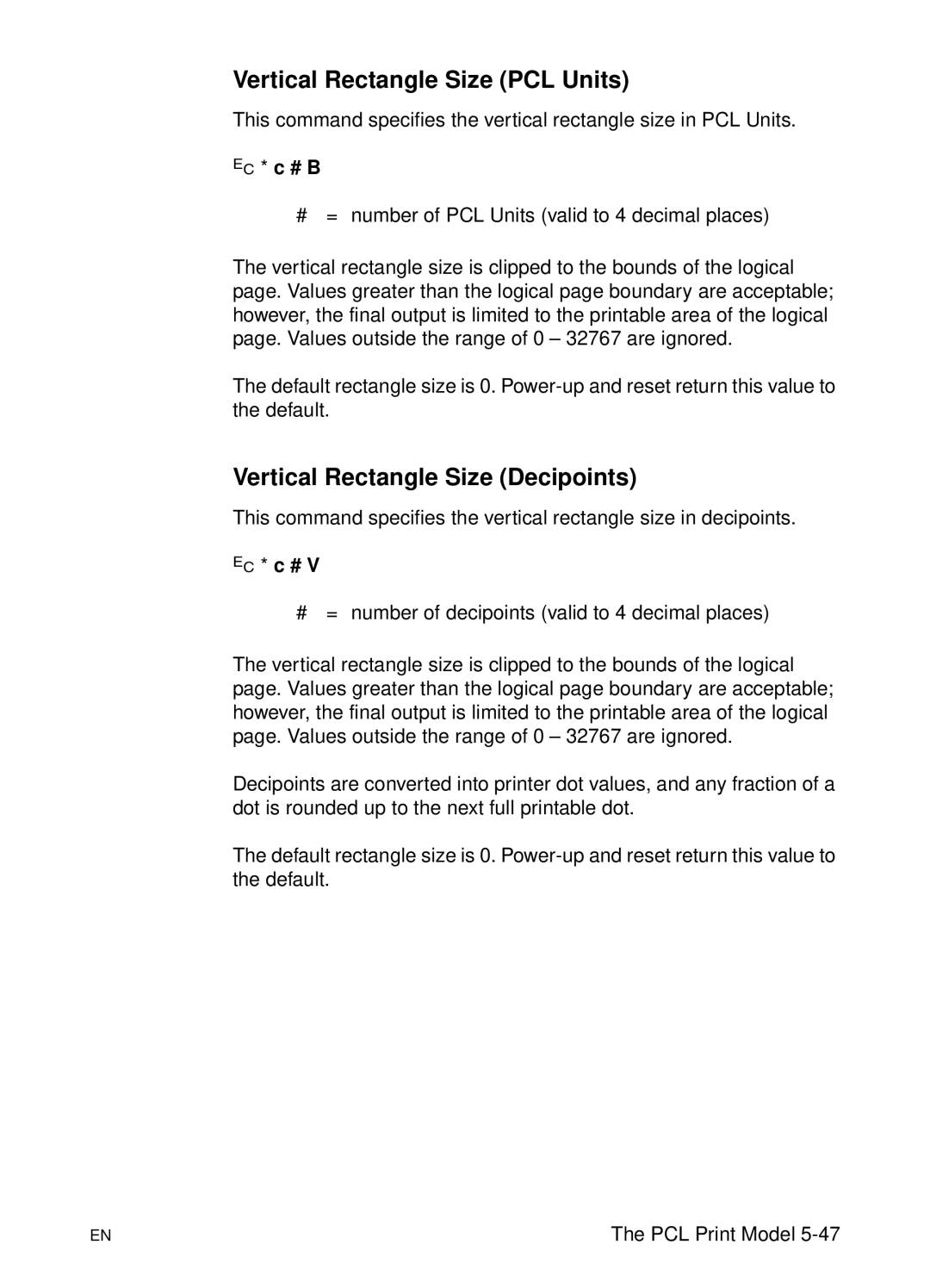 HP L 5 manual Vertical Rectangle Size PCL Units, Vertical Rectangle Size Decipoints, ? * c # B 