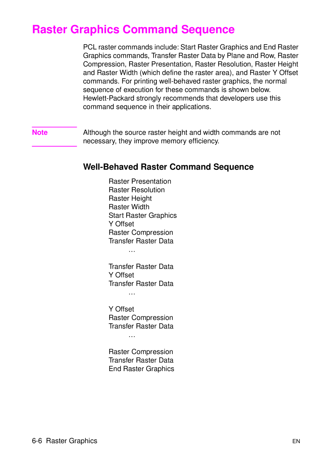 HP L 5 manual Raster Graphics Command Sequence, Well-Behaved Raster Command Sequence 